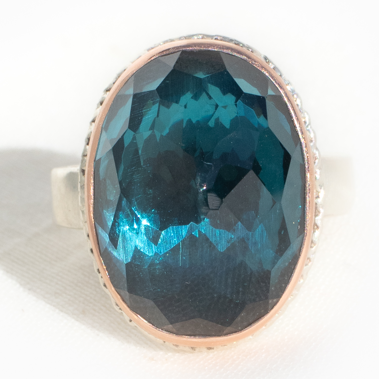 Jamie Joseph: Sterling & 14K Rose Gold Ring w/ Vertical Oval Inverted LONDON BLUE TOPAZ on Lava Platform and Y Band, Stone Measures 3/4" x 9/16", Size 7