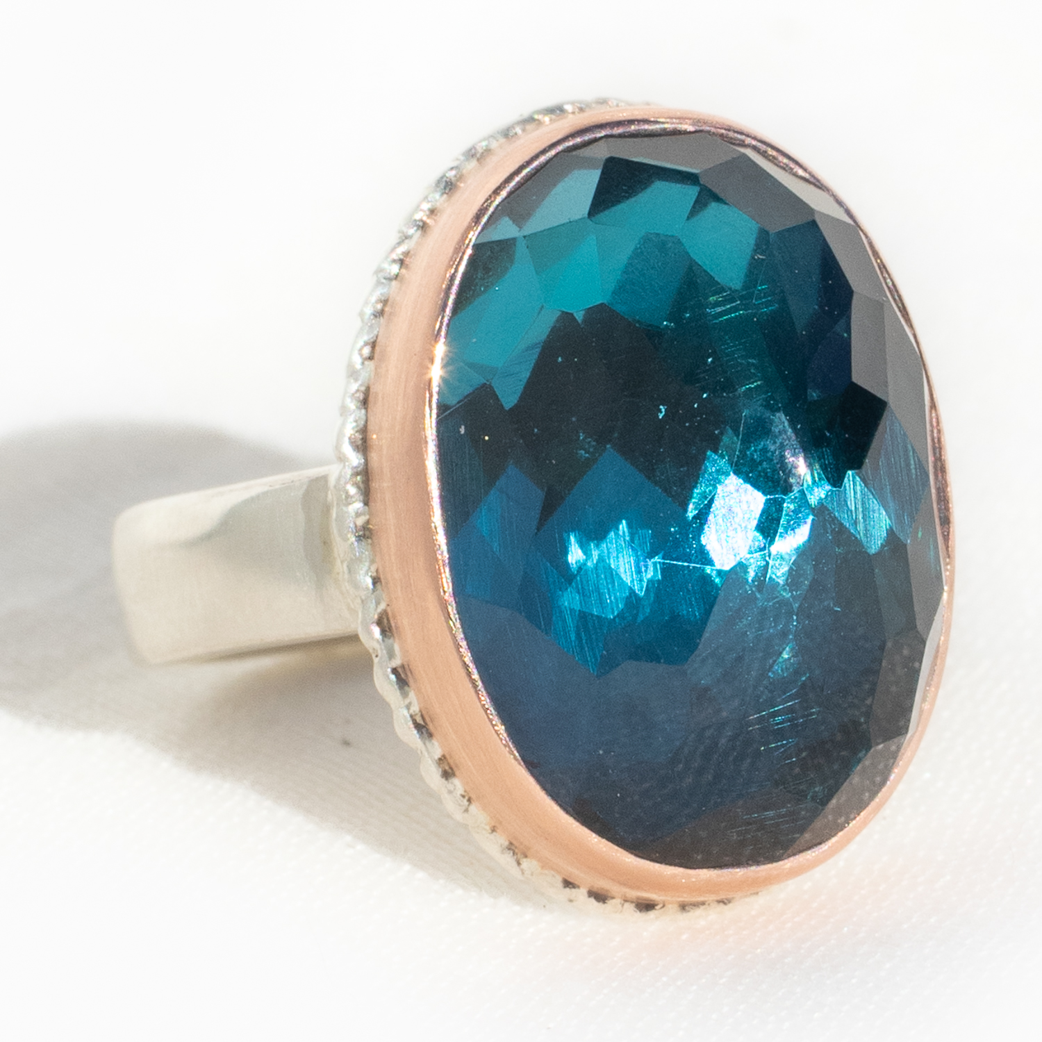Jamie Joseph: Sterling & 14K Rose Gold Ring w/ Vertical Oval Inverted LONDON BLUE TOPAZ on Lava Platform and Y Band, Stone Measures 3/4" x 9/16", Size 7