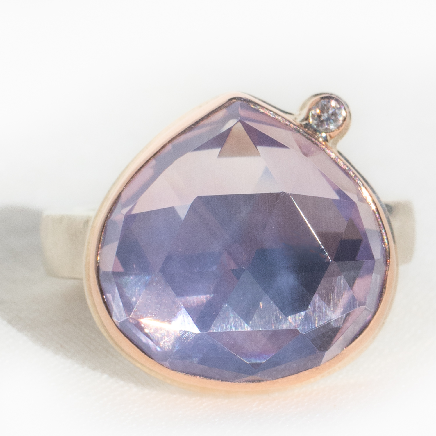 Jamie Joseph: Sterling & 14K Rose Gold Ring w/ Lotus Rose Cut LAVENDER AMETHYST & .03 ct Satellite Diamond on Y Band, Size 7 3/4, 5/8" x 11/16"