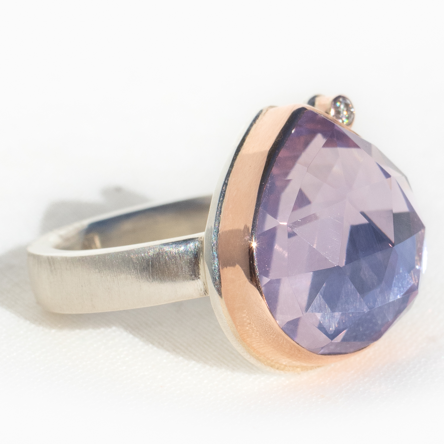 Jamie Joseph: Sterling & 14K Rose Gold Ring w/ Lotus Rose Cut LAVENDER AMETHYST & .03 ct Satellite Diamond on Y Band, Size 7 3/4, 5/8" x 11/16"