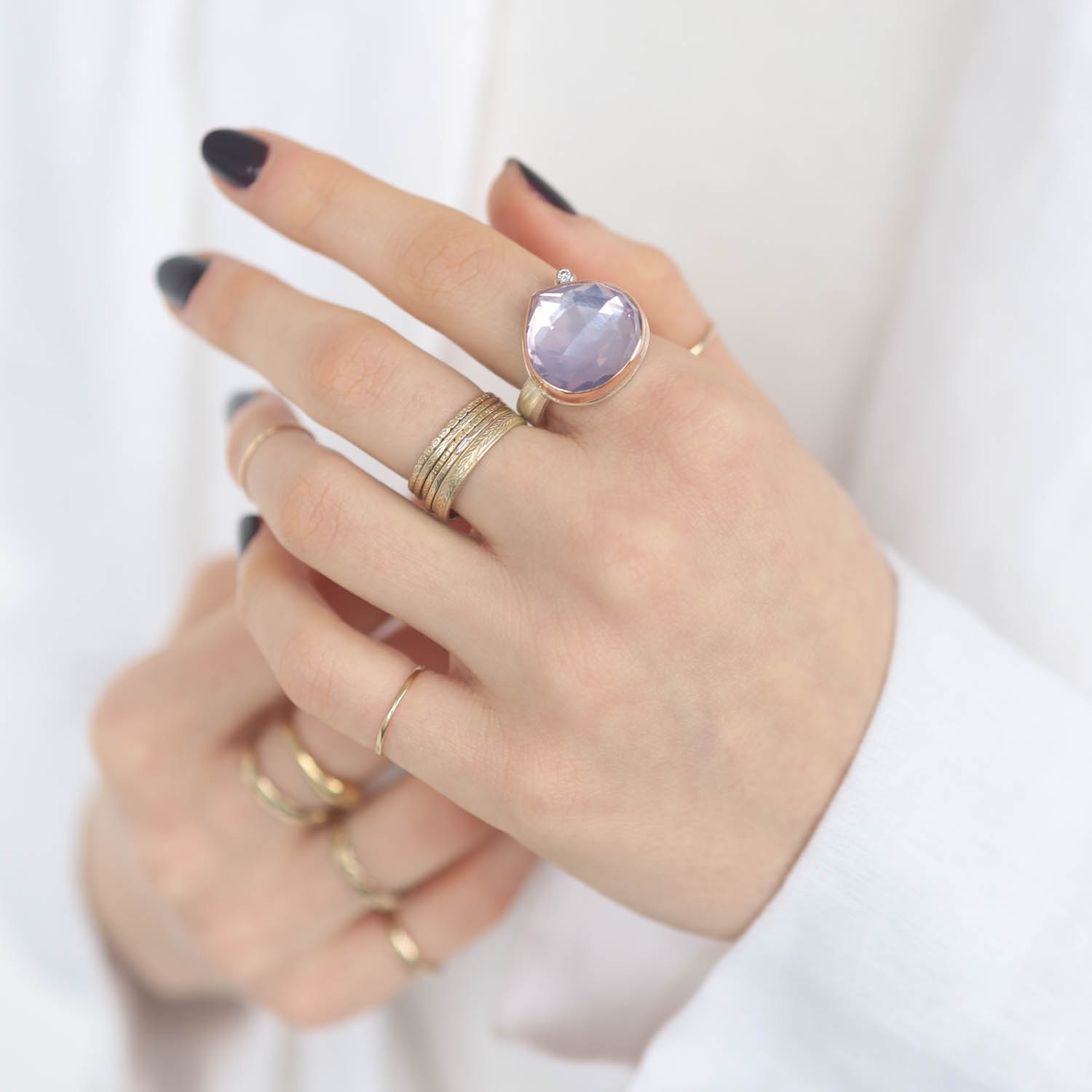 Jamie Joseph: Sterling & 14K Rose Gold Ring w/ Lotus Rose Cut LAVENDER AMETHYST & .03 ct Satellite Diamond on Y Band, Size 7 3/4, 5/8" x 11/16"