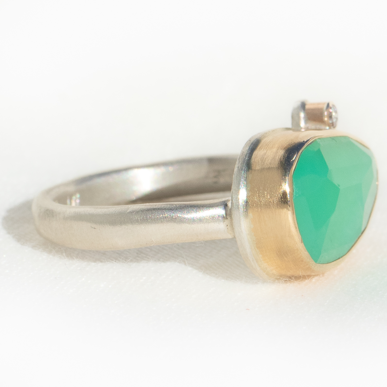 Jamie Joseph: Sterling & 14K Gold Ring w/ Small Asymmetrical Rose Cut CHRYSOPRASE & .025 ct Satellite Diamond on Middle Organic Band, Stone Measures 5/16" x 5/8", Size 7 1/4