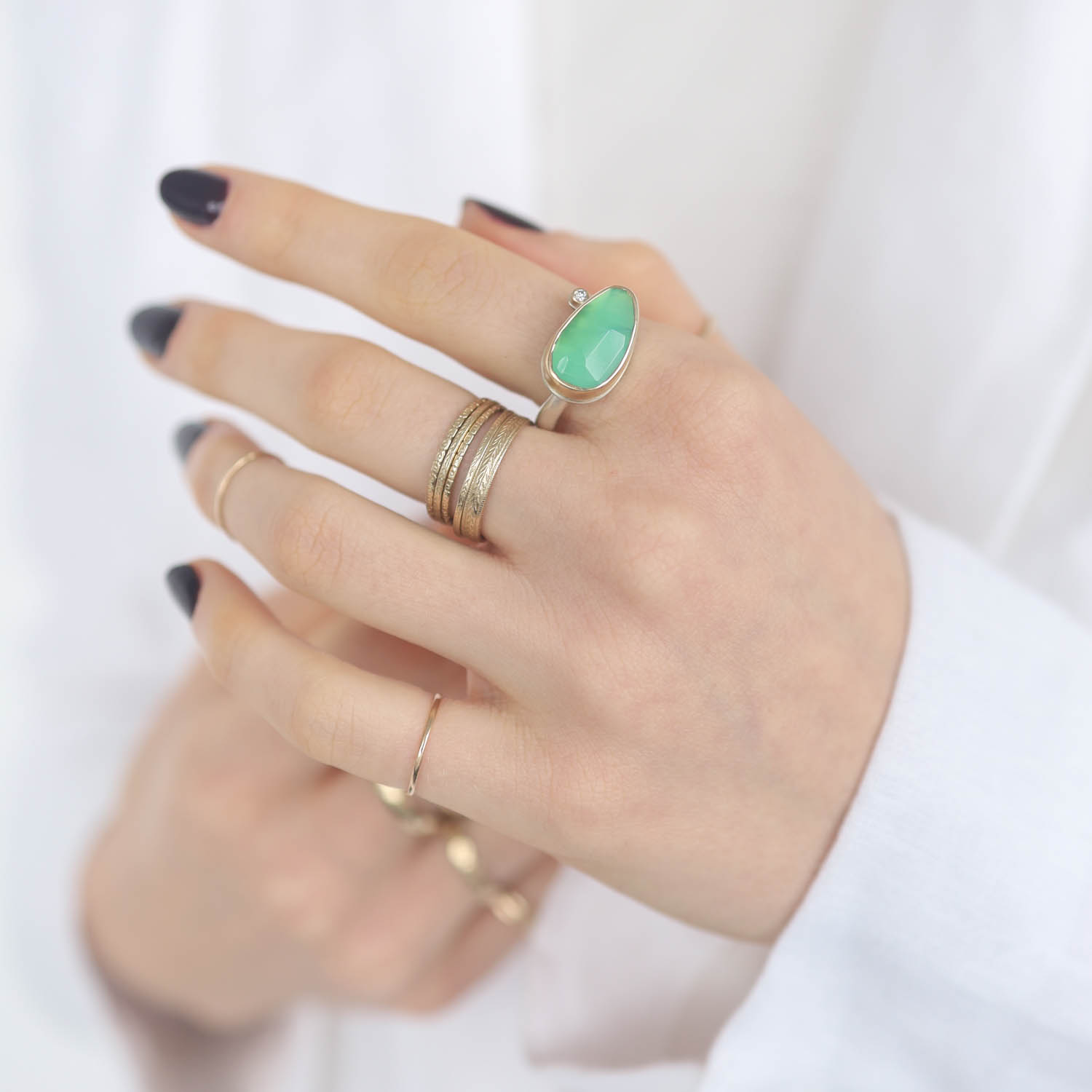 Jamie Joseph: Sterling & 14K Gold Ring w/ Small Asymmetrical Rose Cut CHRYSOPRASE & .025 ct Satellite Diamond on Middle Organic Band, Stone Measures 5/16" x 5/8", Size 7 1/4