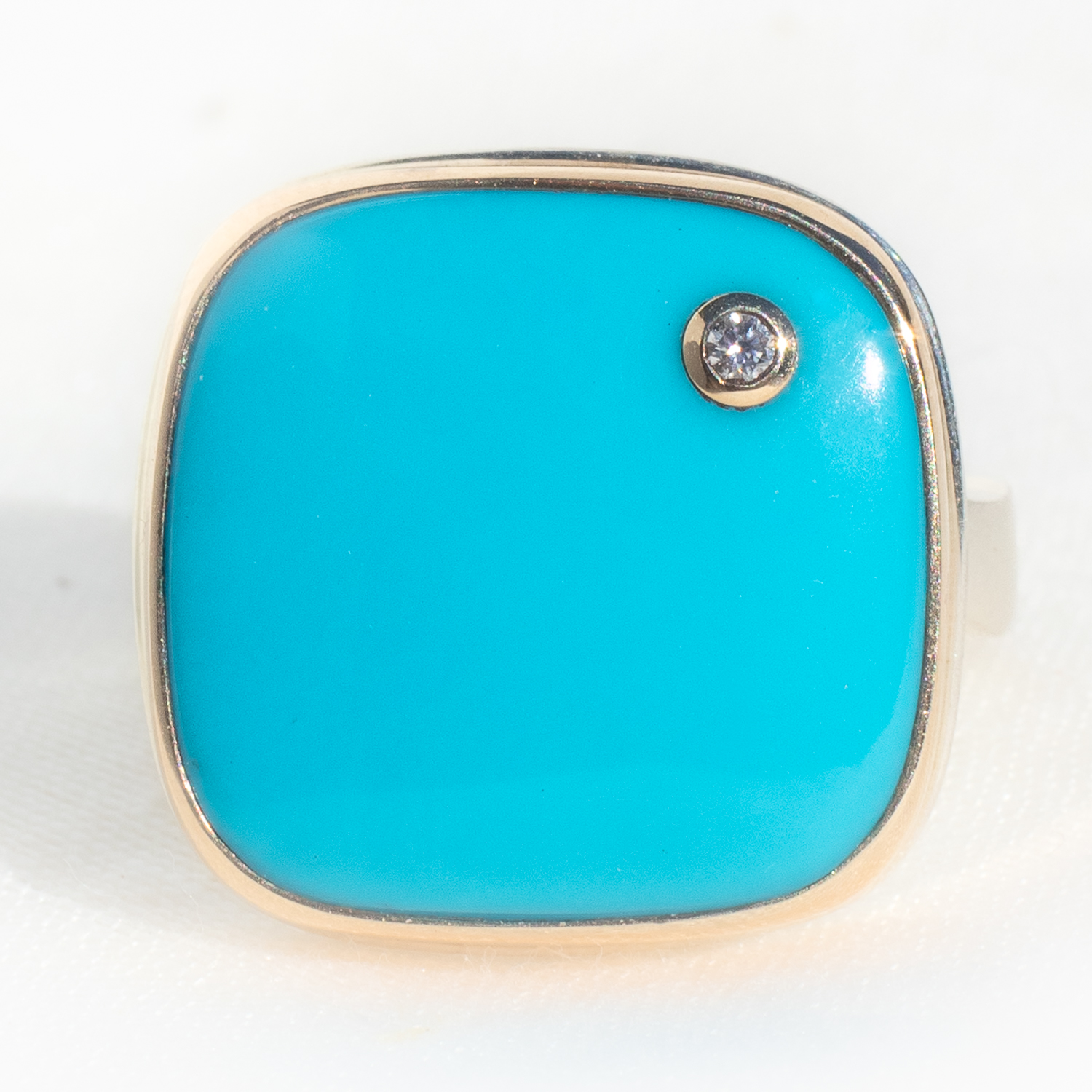 Jamie Joseph: Sterling & 14K Gold Ring w/ Square SLEEPING BEAUTY TURQUOISE & .03 ct Diamond on Skinny Live Edge, Size 7 3/4, 11/16" x 11/16"
