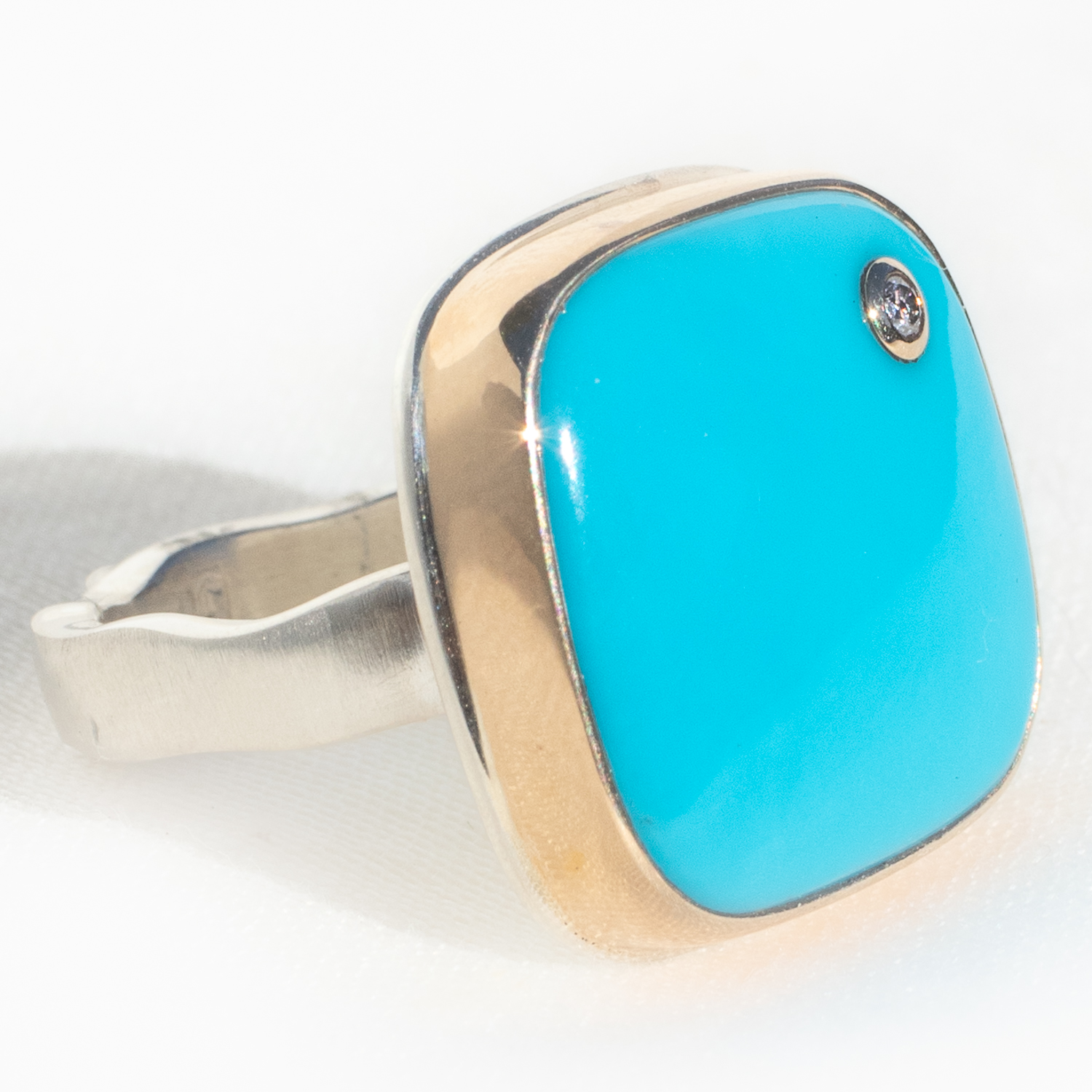 Jamie Joseph: Sterling & 14K Gold Ring w/ Square SLEEPING BEAUTY TURQUOISE & .03 ct Diamond on Skinny Live Edge, Size 7 3/4, 11/16" x 11/16"