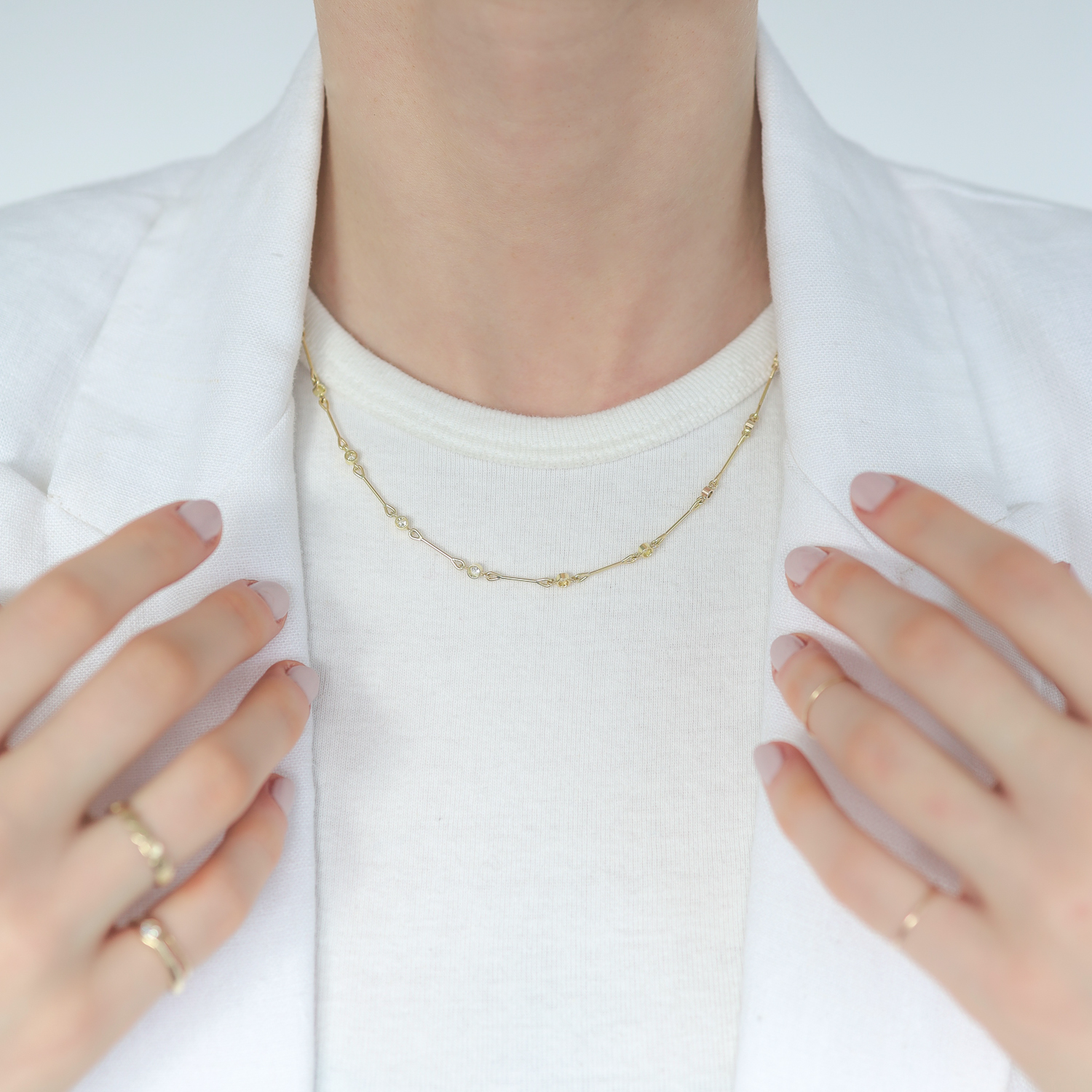 Tura Sugden: Needle Eye Necklace, Graduated Diamonds, 18K YG