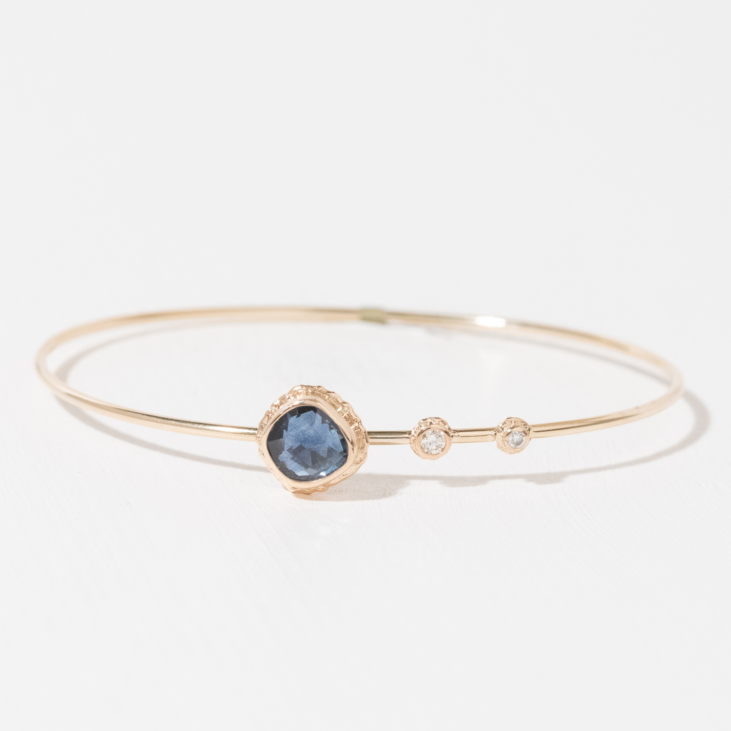 Jamie Joseph Trunk Show:14K Gold Bracelet w/ Asymmetrical Rose Cut MONTANA SAPPHIRE on Ruffled Platform w/ Double Diamond Accents (0.085 TCW)
