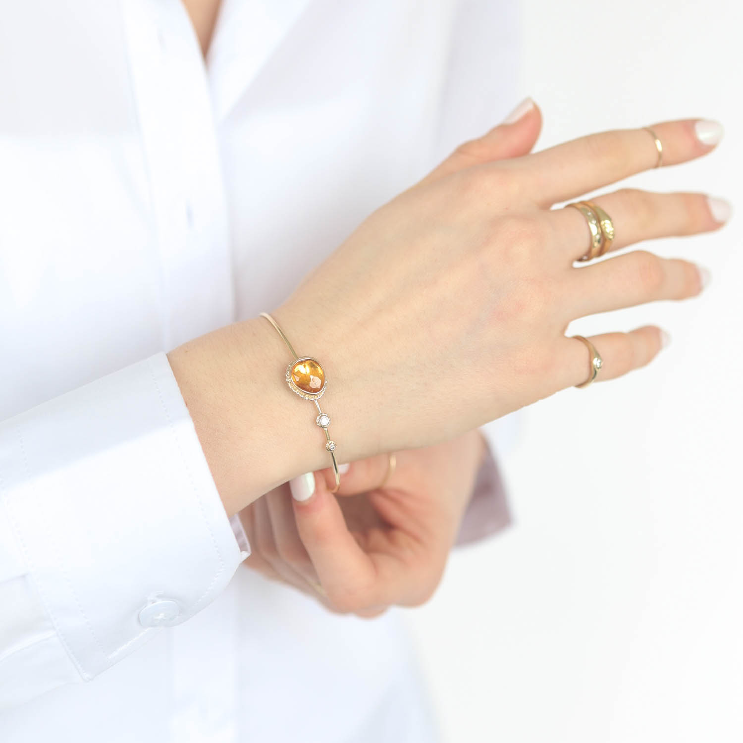 Jamie Joseph Trunk Show:14K Gold Bracelet w/ Asymmetrical Faceted SPESSARTITE on Ruffled Platform w/ Two Diamond Accents (0.085 TCW)