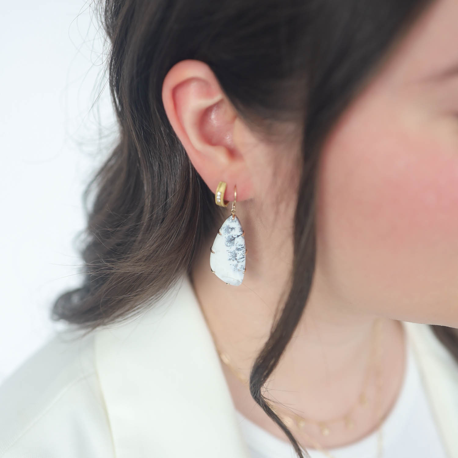 Jamie Joseph Trunk Show:14K Gold Prong Earrings w/ Large Asymmetrical Smooth DENDRITIC OPAL