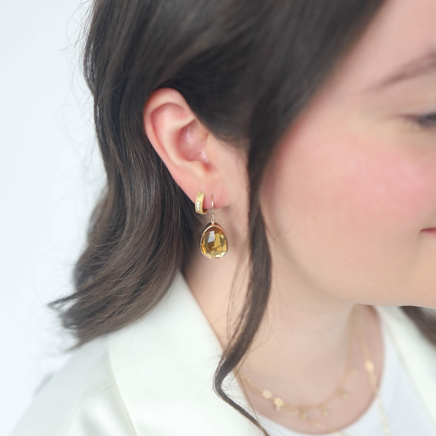 Jamie Joseph Trunk Show:Sterling & 14K Gold Earrings w/ Asymmetrical Rose Cut CITRINE in Sterling Backed Gold Bezel