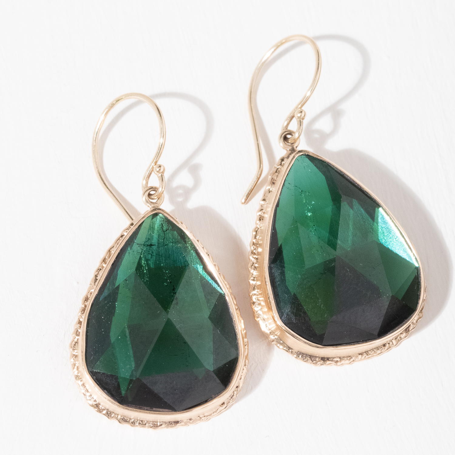 Jamie Joseph Trunk Show: 14K Gold Earrings w/ Teardrop Rose Cut GREEN TOURMALINE on Ruffled Platform
