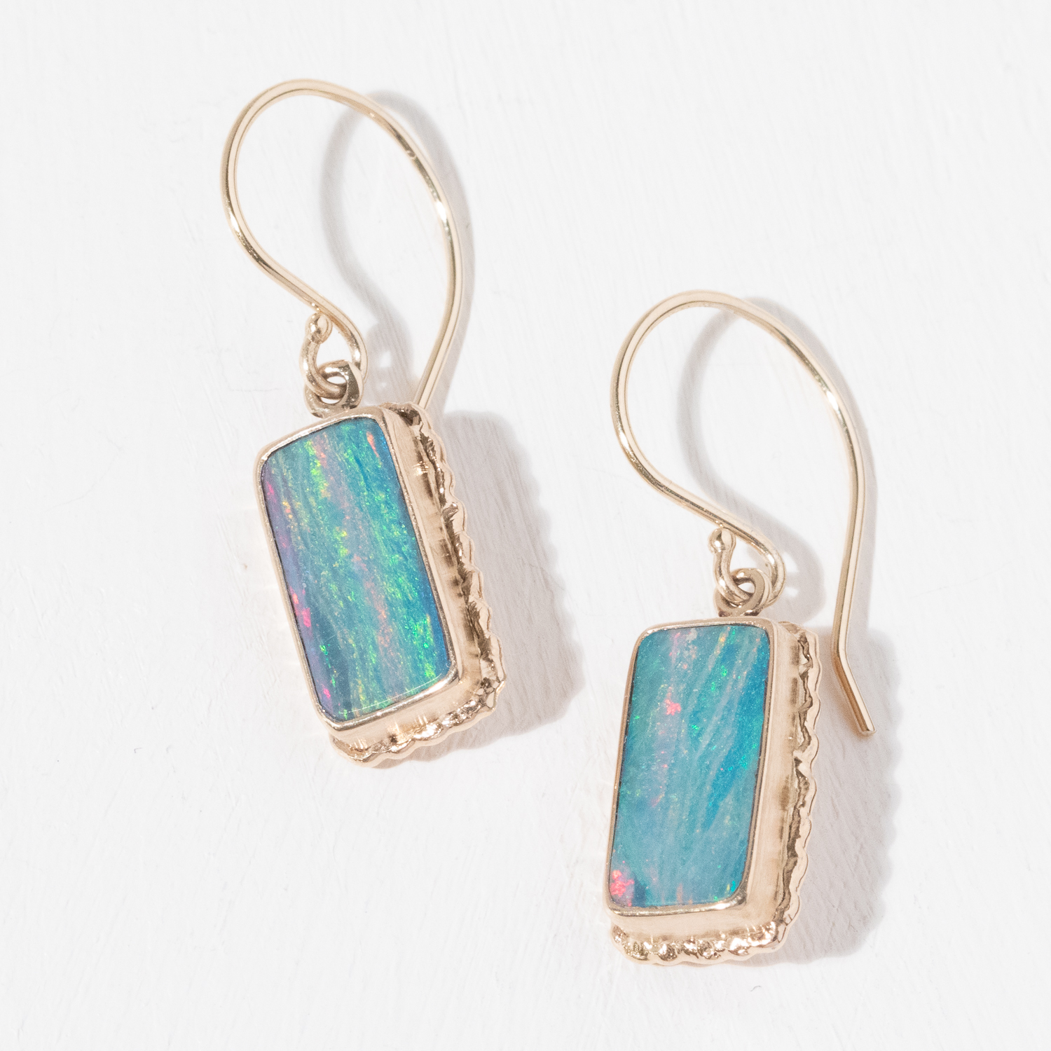 Jamie Joseph Trunk Show:14K Gold Earrings w/ Rectangular AUSTRALIAN OPAL DOUBLET on Ruffled Platform