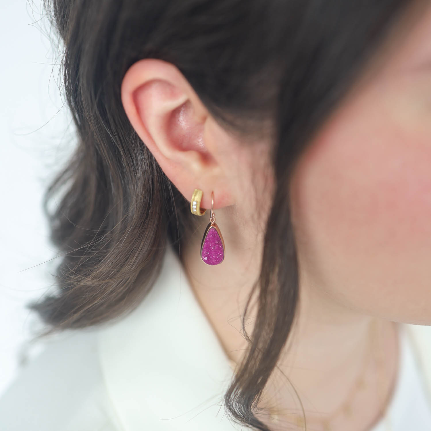 Jamie Joseph Trunk Show:Sterling & 14K Rose Gold Earrings w/ Teardrop COBALT CALCITE DRUSY in Sterling Backed Gold Bezel