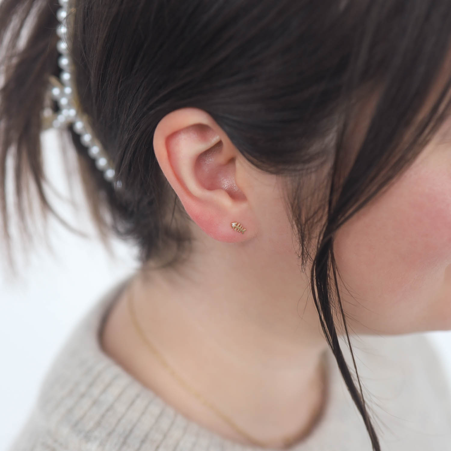 Victoria Cunningham: Earrings, Studs, Fish bones, Diamonds, 14K yellow gold