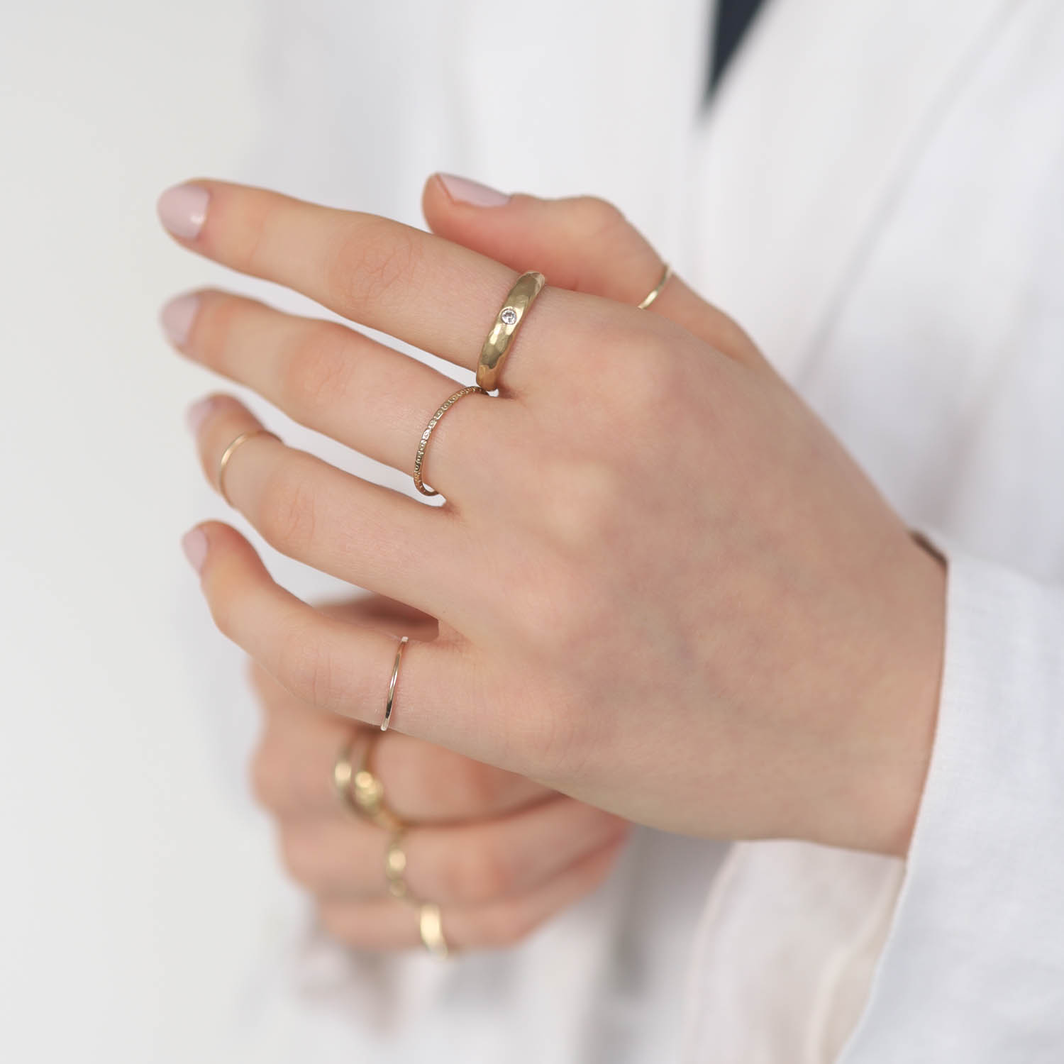 Victoria Cunningham TRUNK SHOW: Ring, Stacking Band, Thick Tapered Hammered, Rosecut diamond, 14K yellow gold