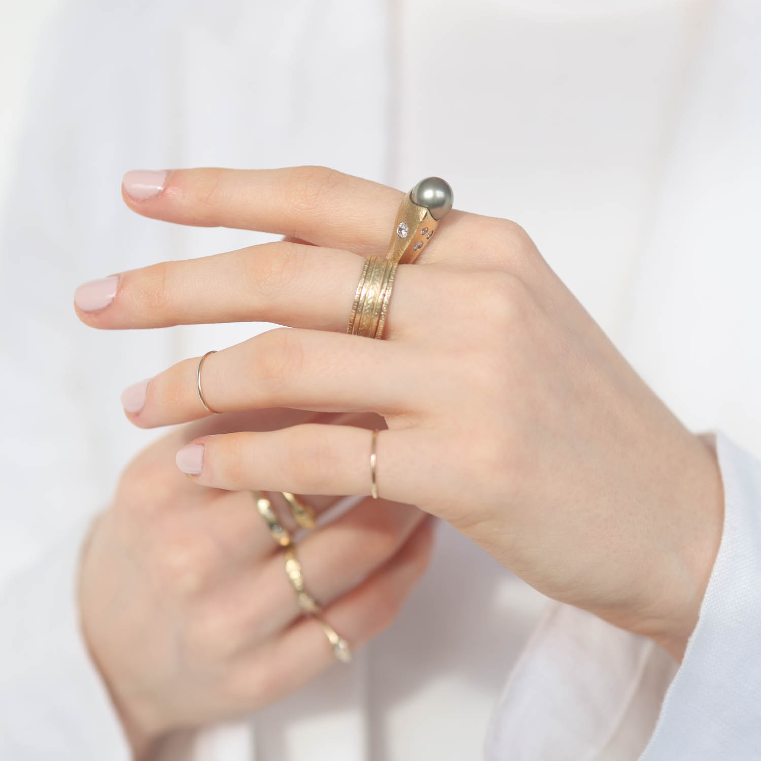 Alison Shiboski: Ring, Black Tahitian pearl, 5 diamonds, .40 TCW, 18K gold.