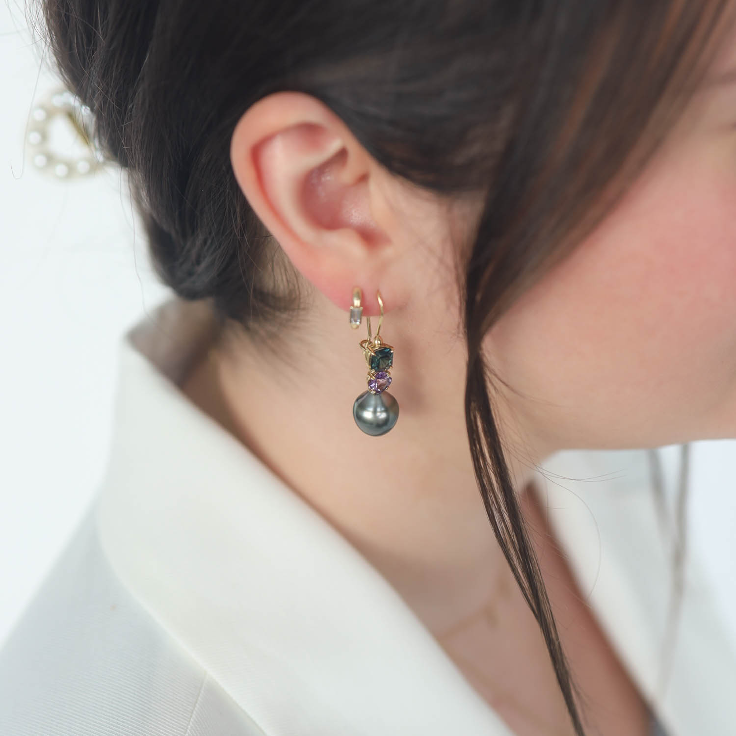 Alison Shiboski: Green and Pink Sapphire earrings with Tahitian pearls,1.75ct Pink,2.40 ct Green,18k