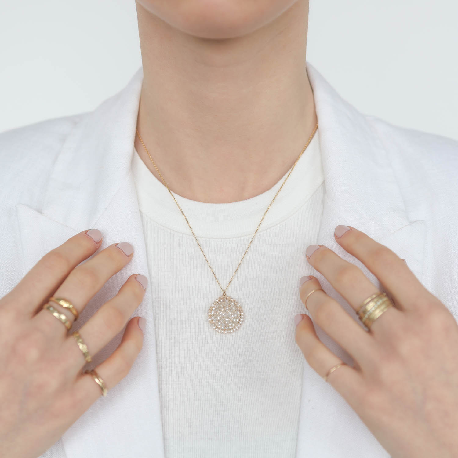 Dana Kellin: Necklace,14K Gold filled, Clear crystal pendant,PEARL RIM, chain 18", Pendant 1" x 13/16"