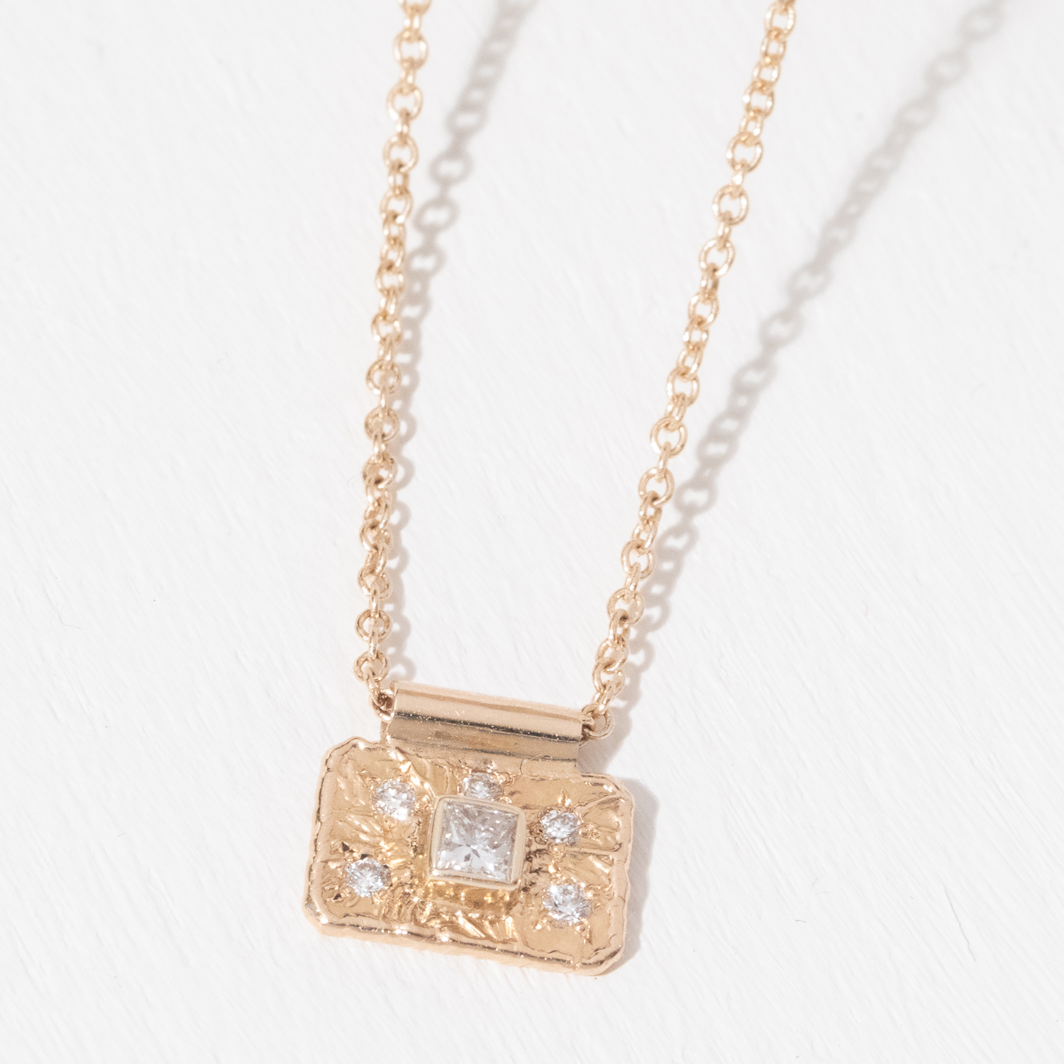 Jamie Joseph Trunk Show: 14K Gold Earth Love Necklace w/ Small .08 ct Princess Cut Diamond in Gold Bezel on Wide Textured Platform w/ Five Diamond Accents (.13 CTW - 17.5")