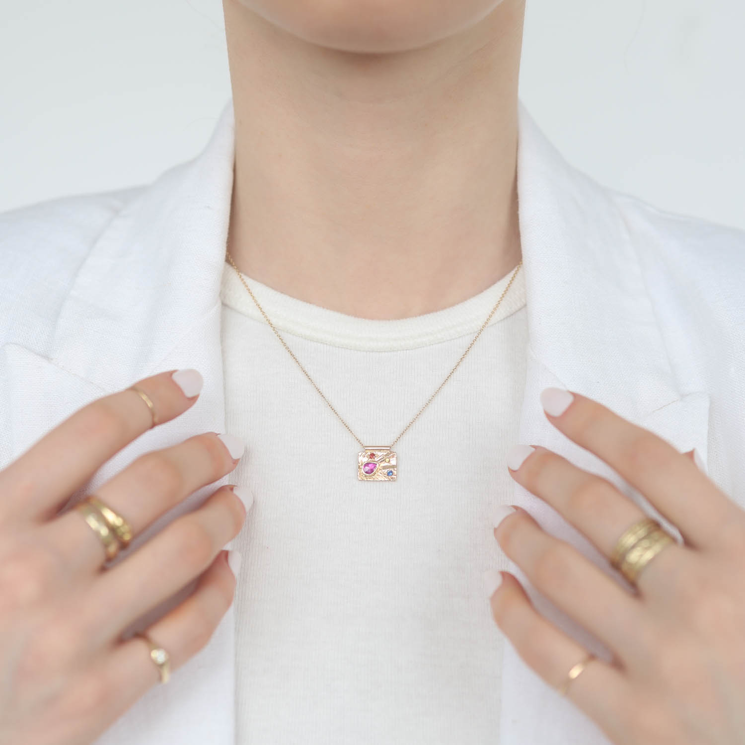 Jamie Joseph Trunk Show: 14K Gold Earth Love Necklace w/ Teardrop Rose Cut MOZAMBIQUE RUBY in Gold Bezel on Wide Textured Platform w/ Three Sapphire Accents (17.5")