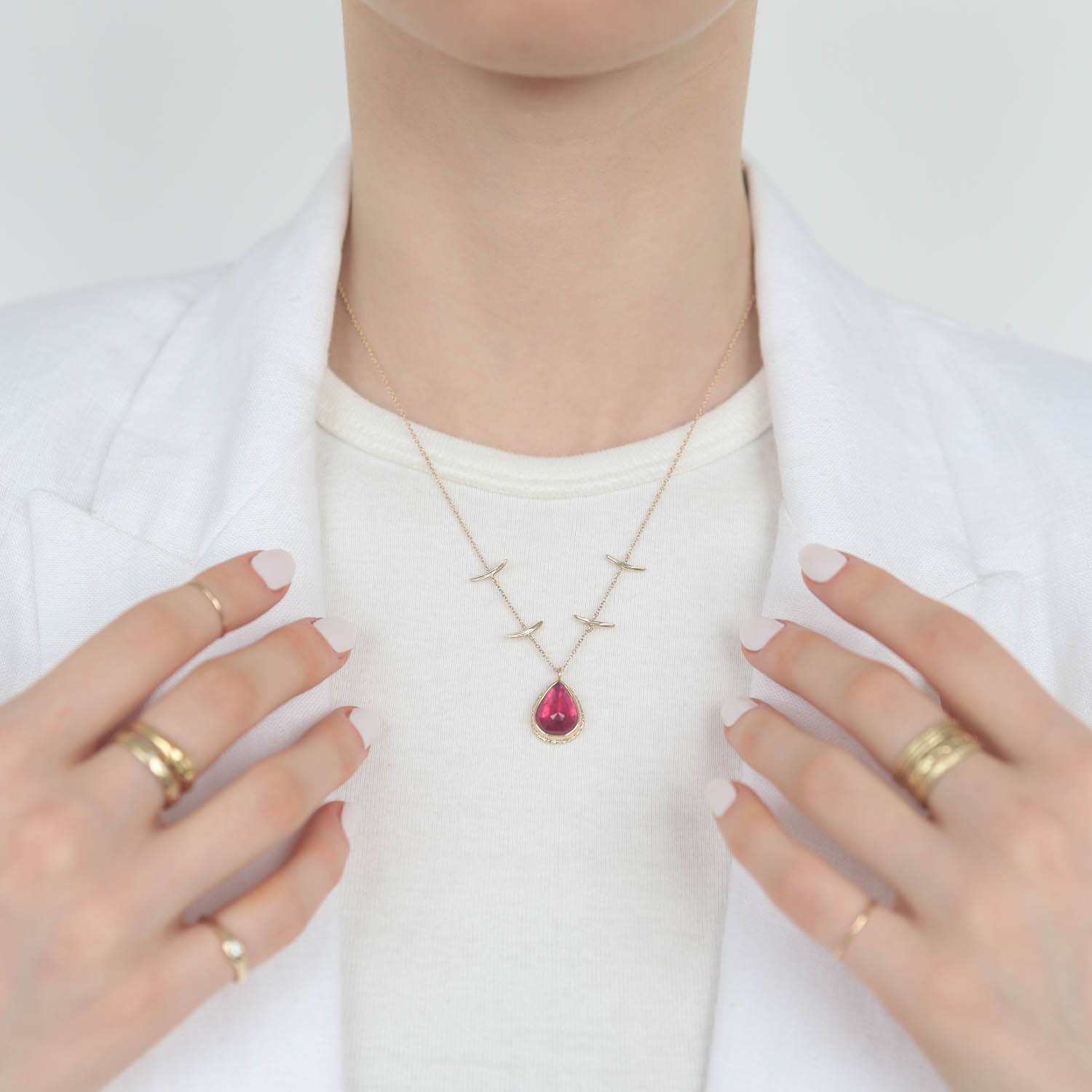 Jamie Joseph Trunk Show: 14K Gold Necklace w/ Teardrop Inverted RUBELLITE Pendant on Ruffled Platform w/ Gold Stick Accents