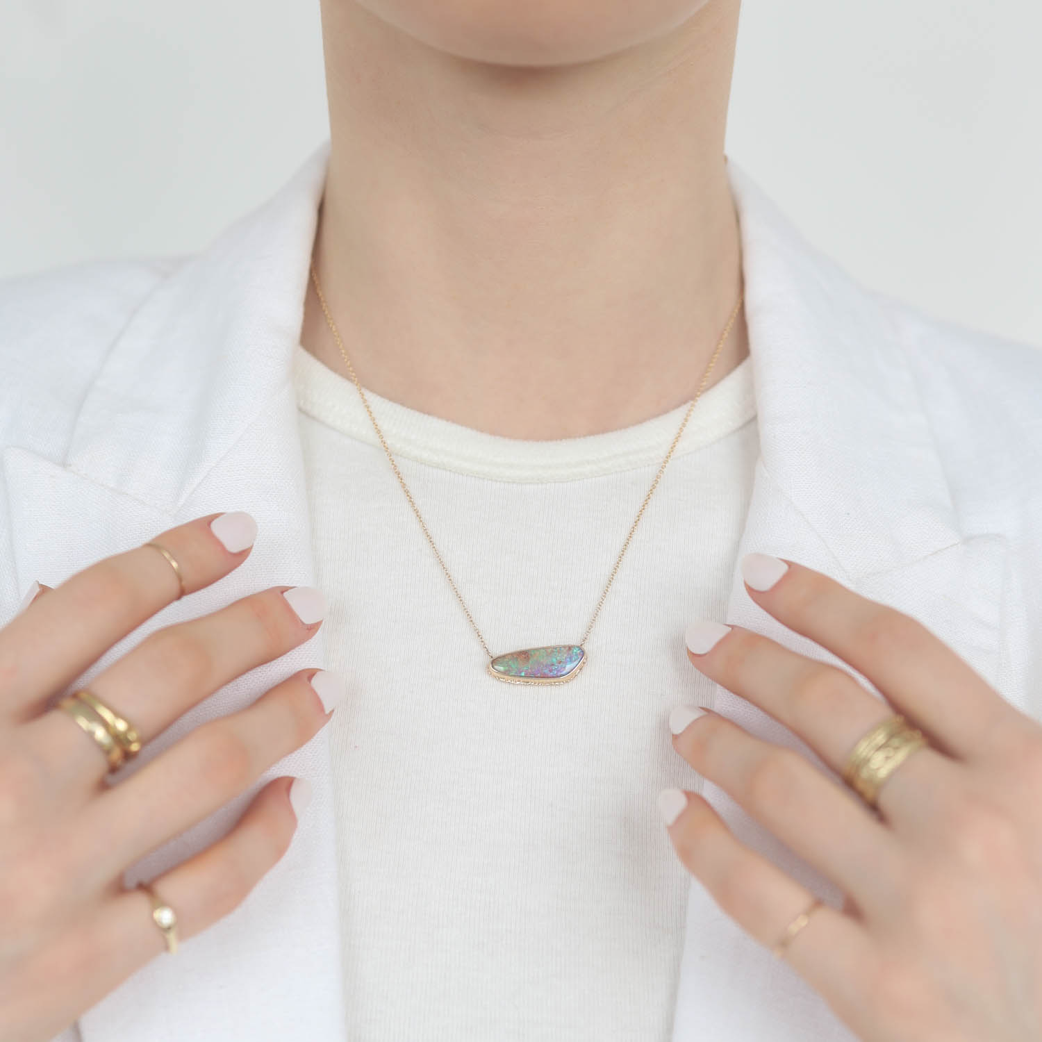 Jamie Joseph Trunk Show:14K Gold Necklace w/ Asymmetrical OPALIZED WOOD on Ruffled Platform (17.5")