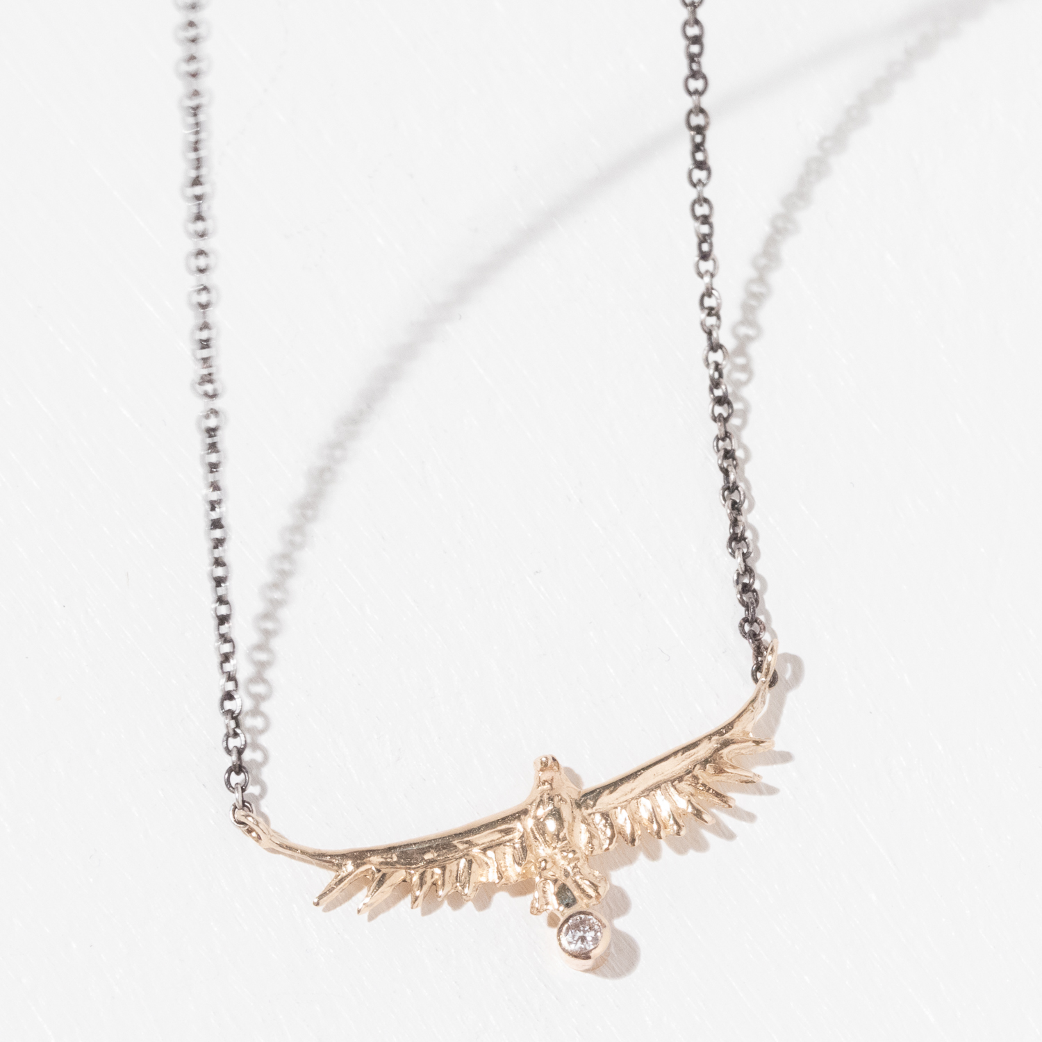 Jamie Joseph Trunk Show: Oxidized Sterling Necklace w/ 14K Gold Soaring Eagle & .025 ct Diamond Pendant (18")