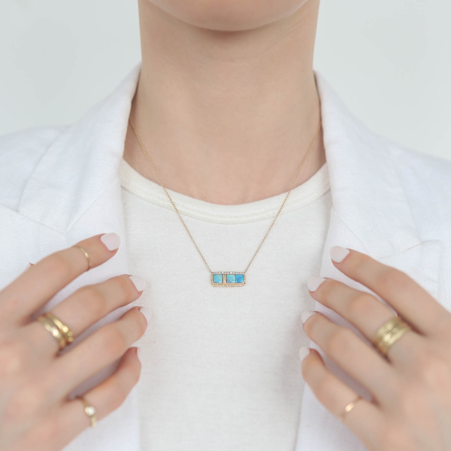 Jamie Joseph Trunk Show: 14K Golden Fusion Necklace w/ Mosaic Rectangular AUSTRALIAN OPAL & Gold Grout on Ruffled Platform w/ Thirteen Pave Diamond Accents (0.12 CTW - 17.5")