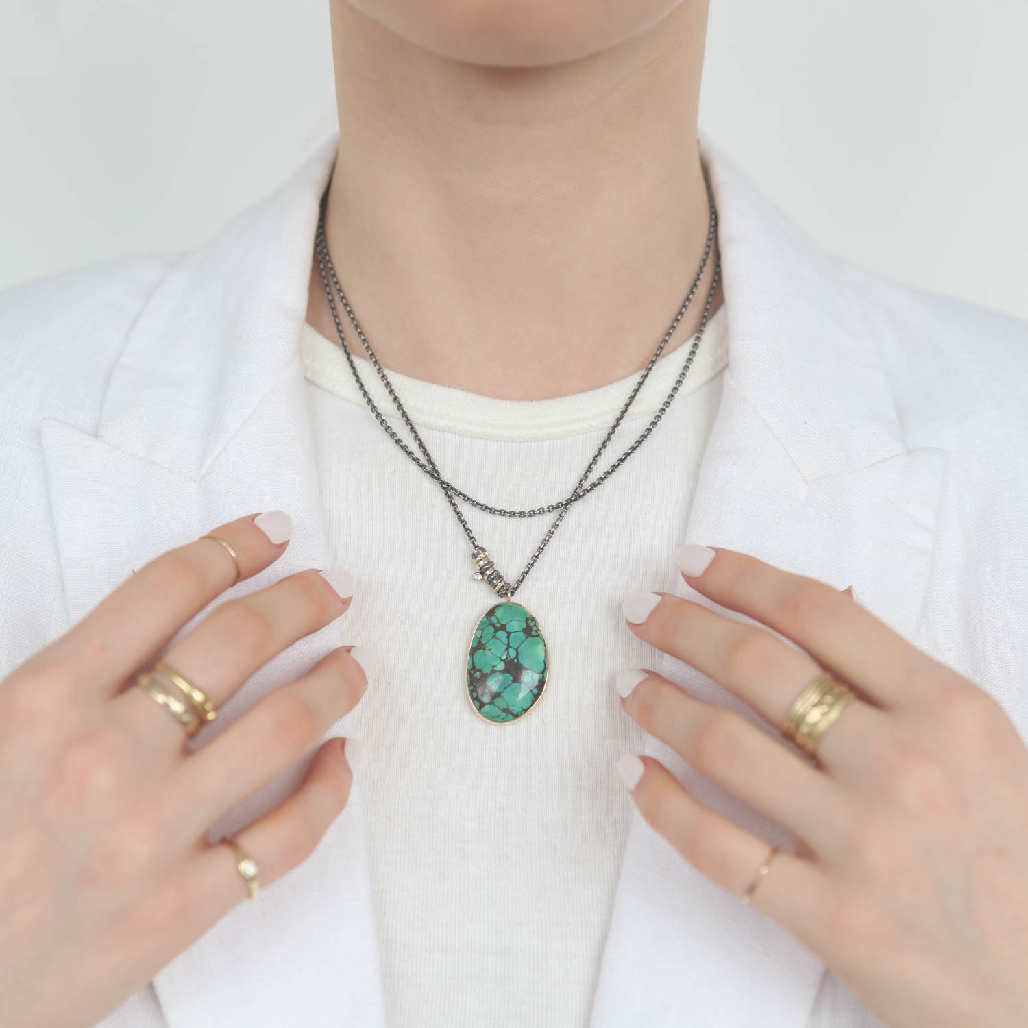 Jamie Joseph Trunk Show:Oxidized Sterling & 14K Gold Long Convertible Necklace w/ Asymmetrical HUBEI TURQUOISE in Sterling Backed Gold Bezel w/ .03 ct Diamond Accent & Sliding Rings (17.5/32.5")