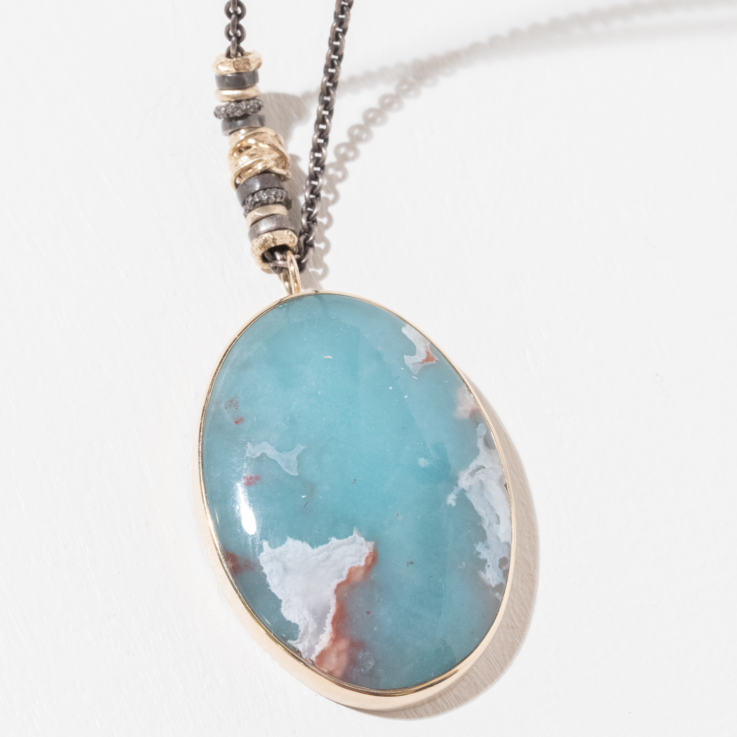 Jamie Joseph Trunk Show:Oxidized Sterling & 14K Gold Long Convertible Necklace w/ Oval AQUAPRASE in Sterling Backed Gold Bezel w/ Multiple Sliding Rings (17.5/32.5")