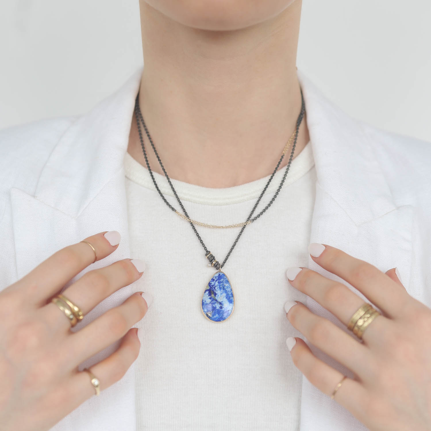 Jamie Joseph Trunk Show: Oxidized Sterling & 14K Gold Long Zebra Chain Necklace w/ LAPIS Teardrop in Sterling Backed Gold Bezel & .03 ct Diamond Accent & Multiple Sliding Rings (17.5"/32.5")