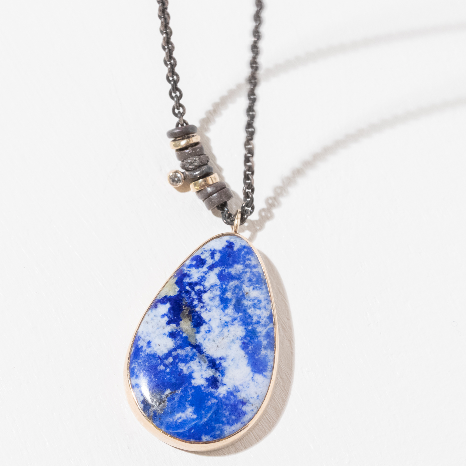 Jamie Joseph Trunk Show: Oxidized Sterling & 14K Gold Long Zebra Chain Necklace w/ LAPIS Teardrop in Sterling Backed Gold Bezel & .03 ct Diamond Accent & Multiple Sliding Rings (17.5"/32.5")