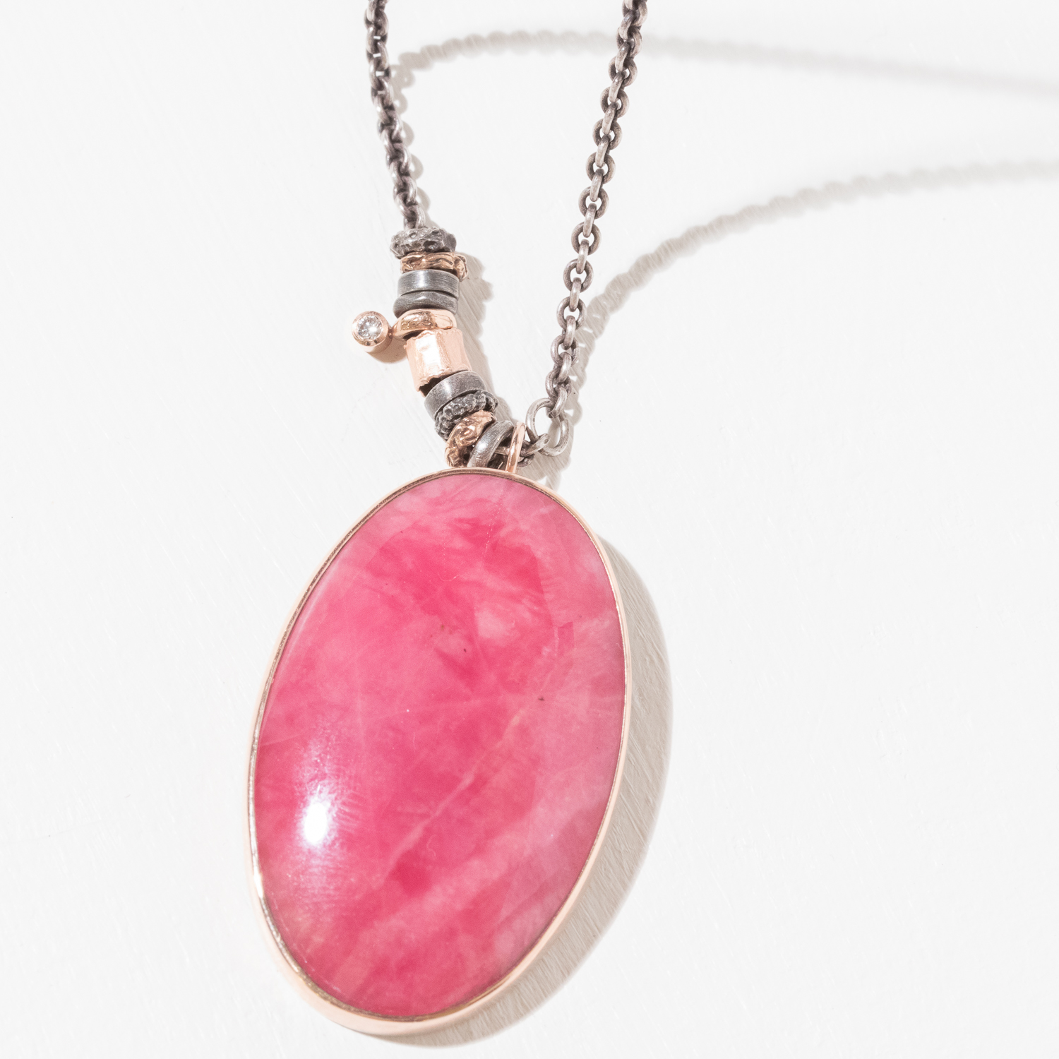Jamie Joseph Trunk Show: Oxidized Sterling & 14K Rose Gold Long Convertible Zebra Chain Necklace w/ Oval RHODONITE in Sterling Backed Gold Bezel w/ .03 ct Diamond Accent & Multiple Sliding Rings (17.5/32.5")