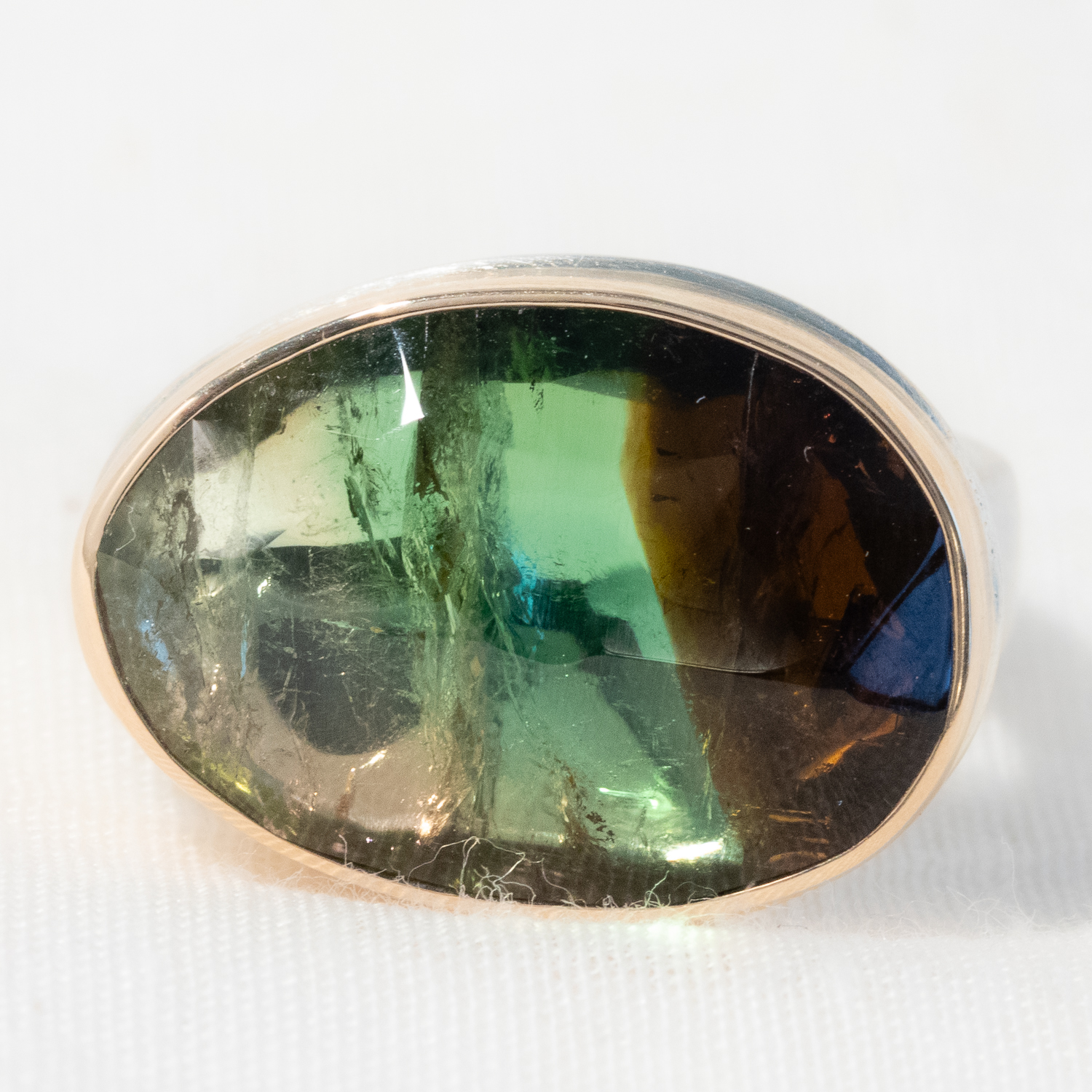 Jamie Joseph: Sterling & 14K Gold Ring w/ Asymmetrical Faceted WATERMELON TOURMALINE on Comfort Band