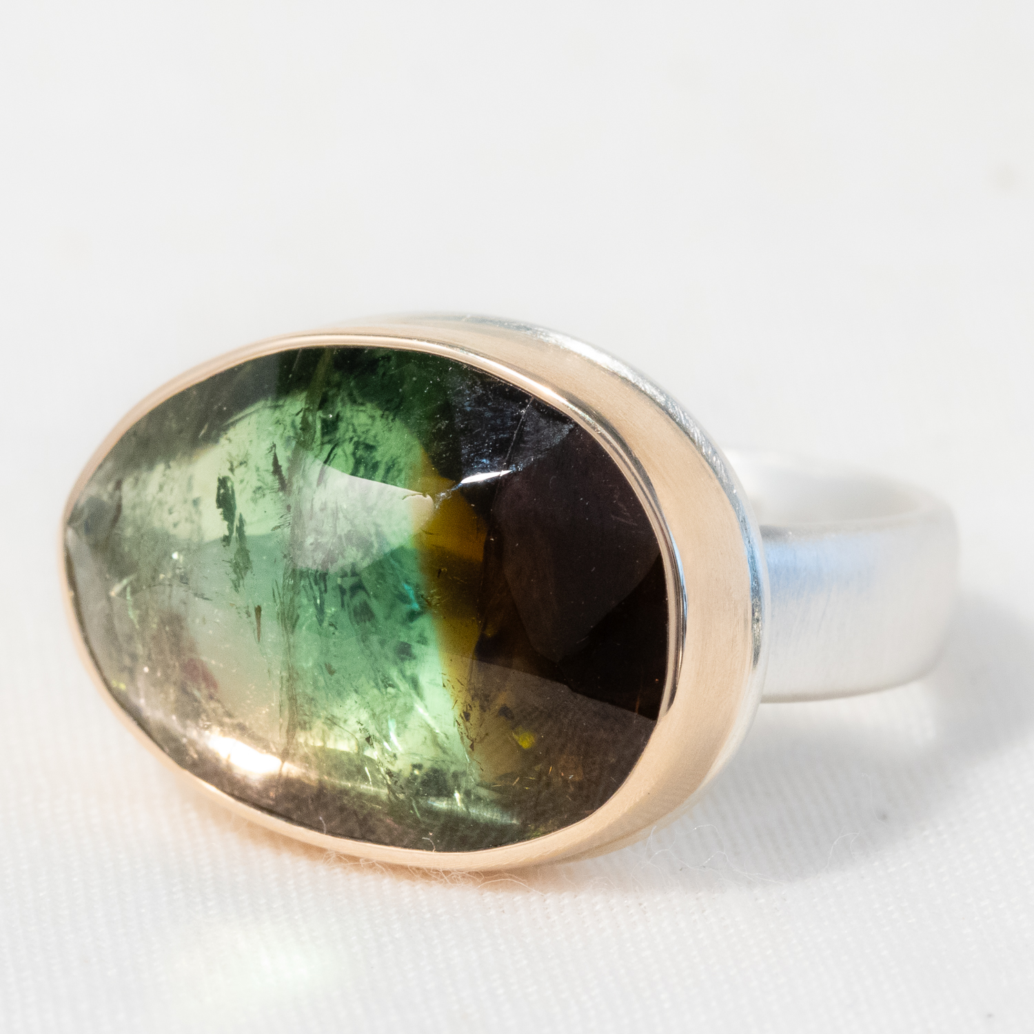 Jamie Joseph: Sterling & 14K Gold Ring w/ Asymmetrical Faceted WATERMELON TOURMALINE on Comfort Band