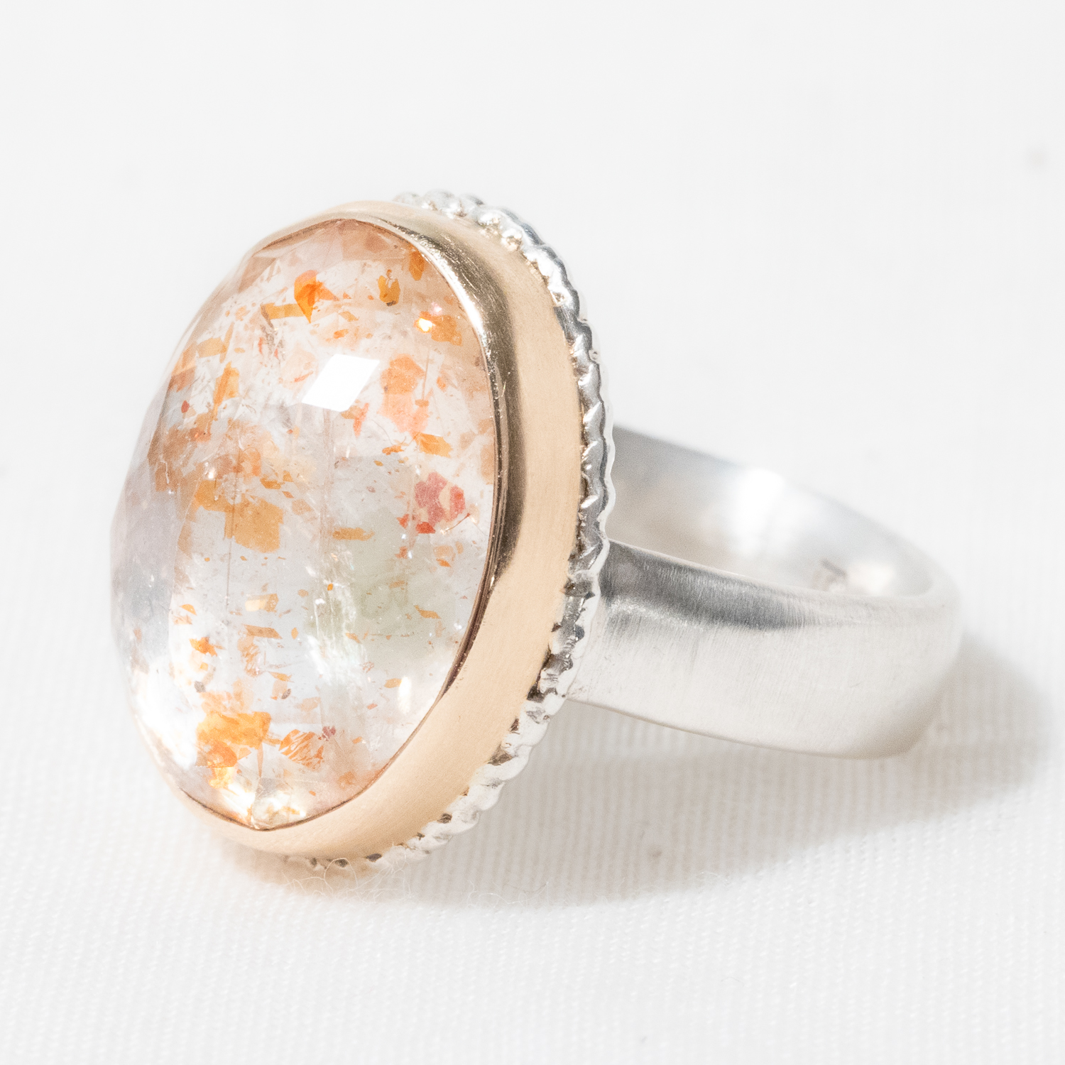 Jamie Joseph: Sterling & 14K Gold Ring w/ Vertical Oval Inverted AFRICAN SUNSTONE on Lava Platform and Comfort Band