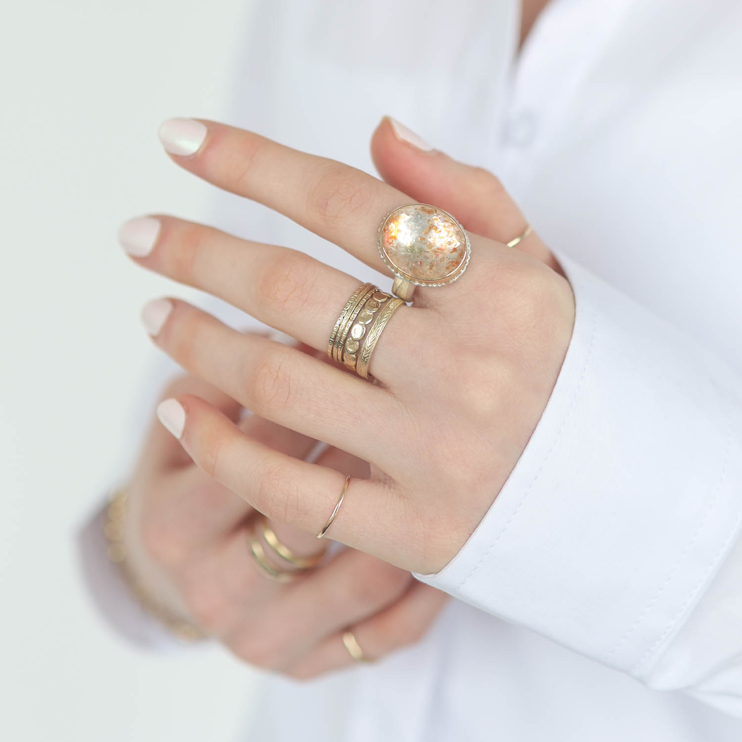 Jamie Joseph: Sterling & 14K Gold Ring w/ Vertical Oval Inverted AFRICAN SUNSTONE on Lava Platform and Comfort Band