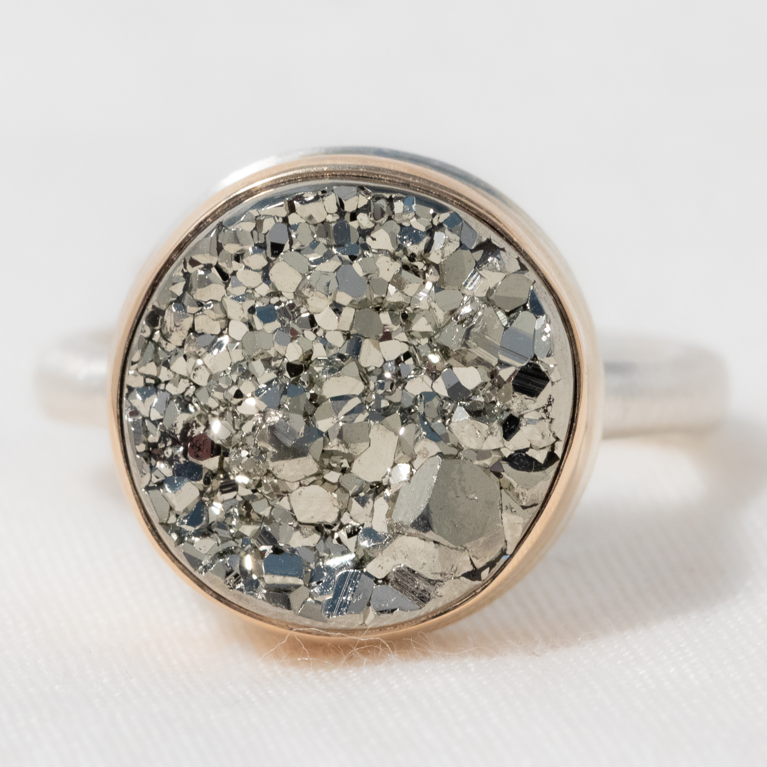 Jamie Joseph: Sterling & 14K Gold Ring w/ Small Surface Cut PYRITE on Egyptian Band