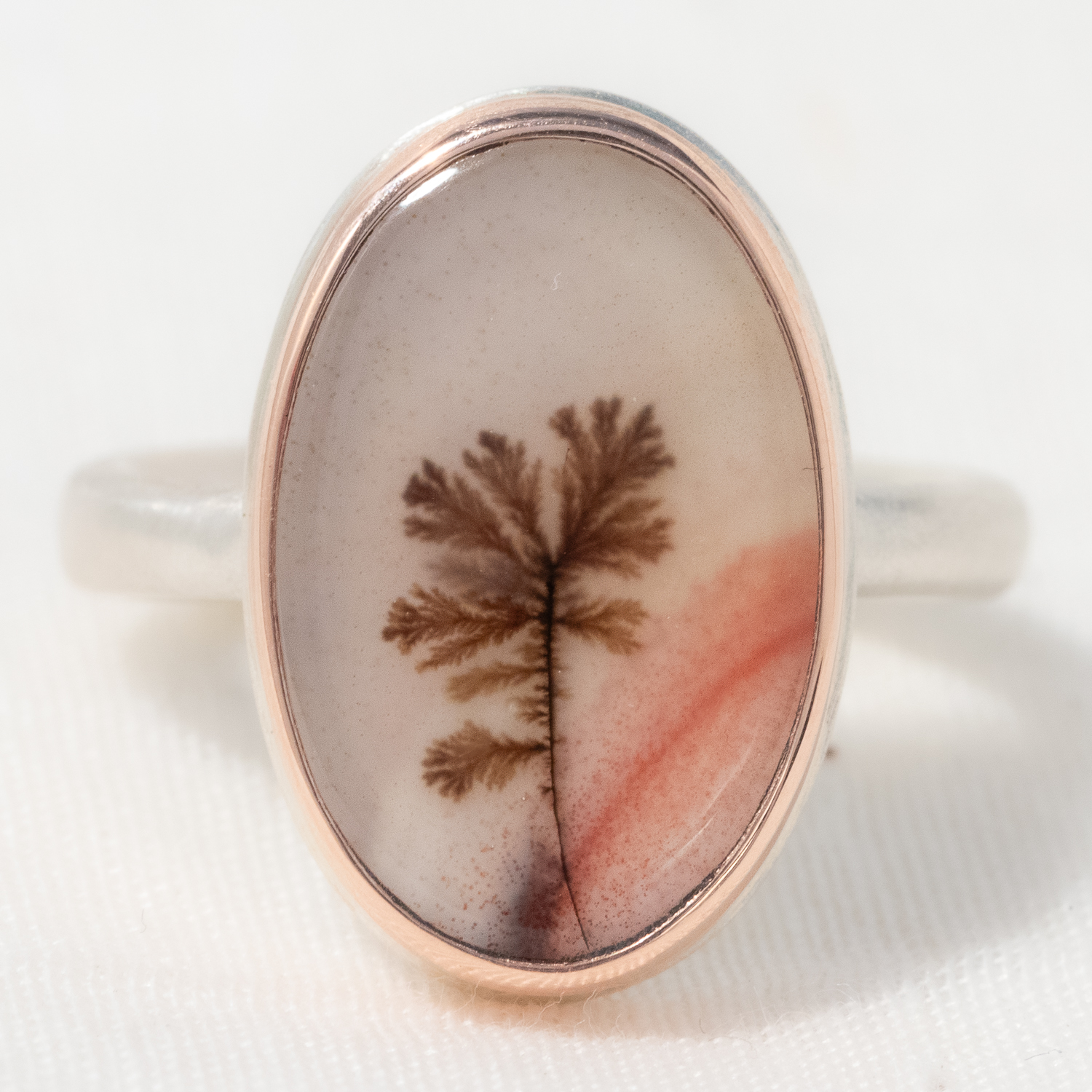 Jamie Joseph: Sterling & 14K Rose Gold Ring w/ Small Vertical Oval DENDRITIC AGATE on Egyptian Band