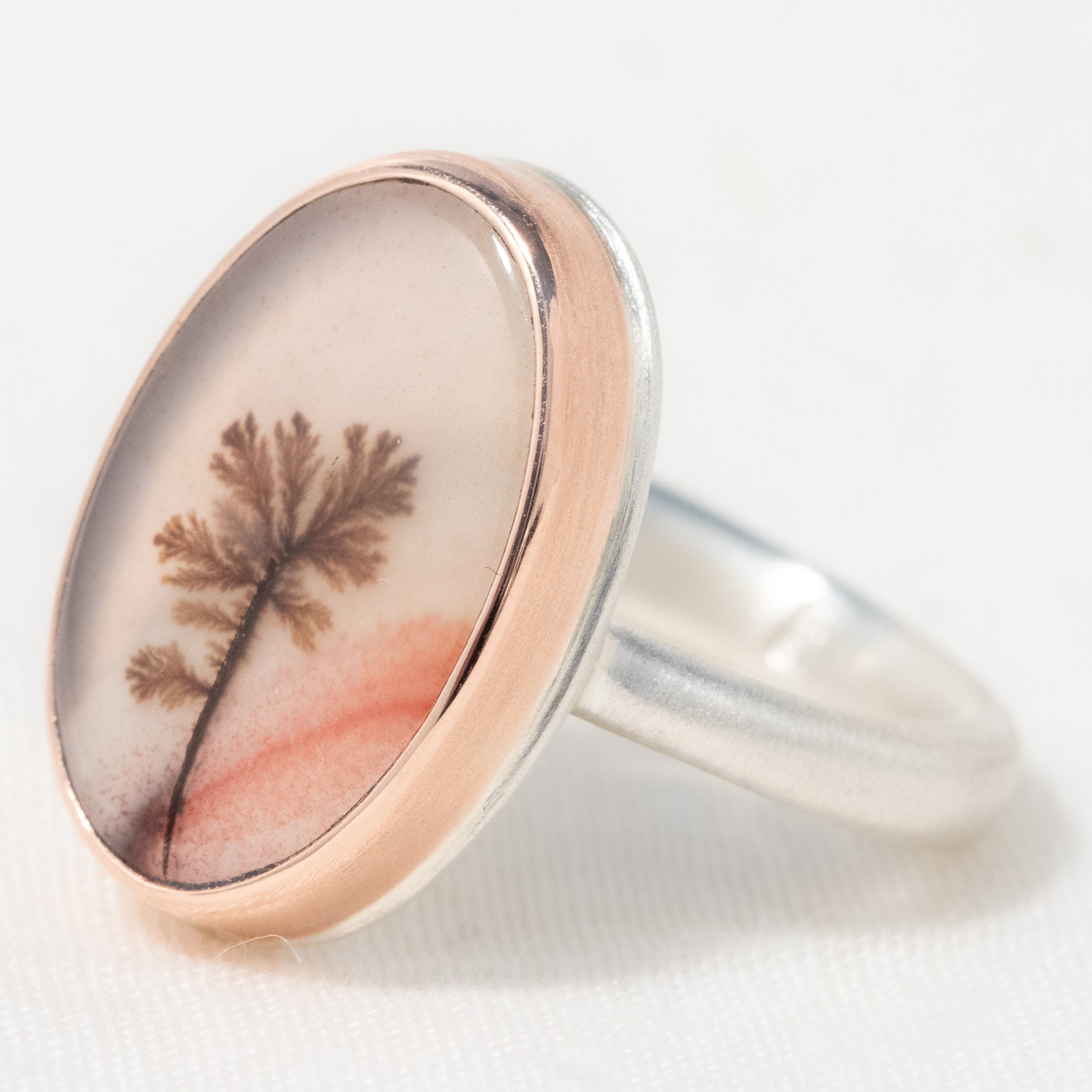Jamie Joseph: Sterling & 14K Rose Gold Ring w/ Small Vertical Oval DENDRITIC AGATE on Egyptian Band