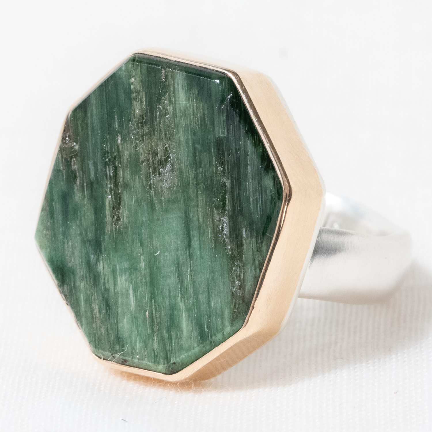 Jamie Joseph: Sterling & 14K Gold Ring w/ Vertical Asymmetrical CAT'S EYE GREEN TOURMALINE on Groovy Band