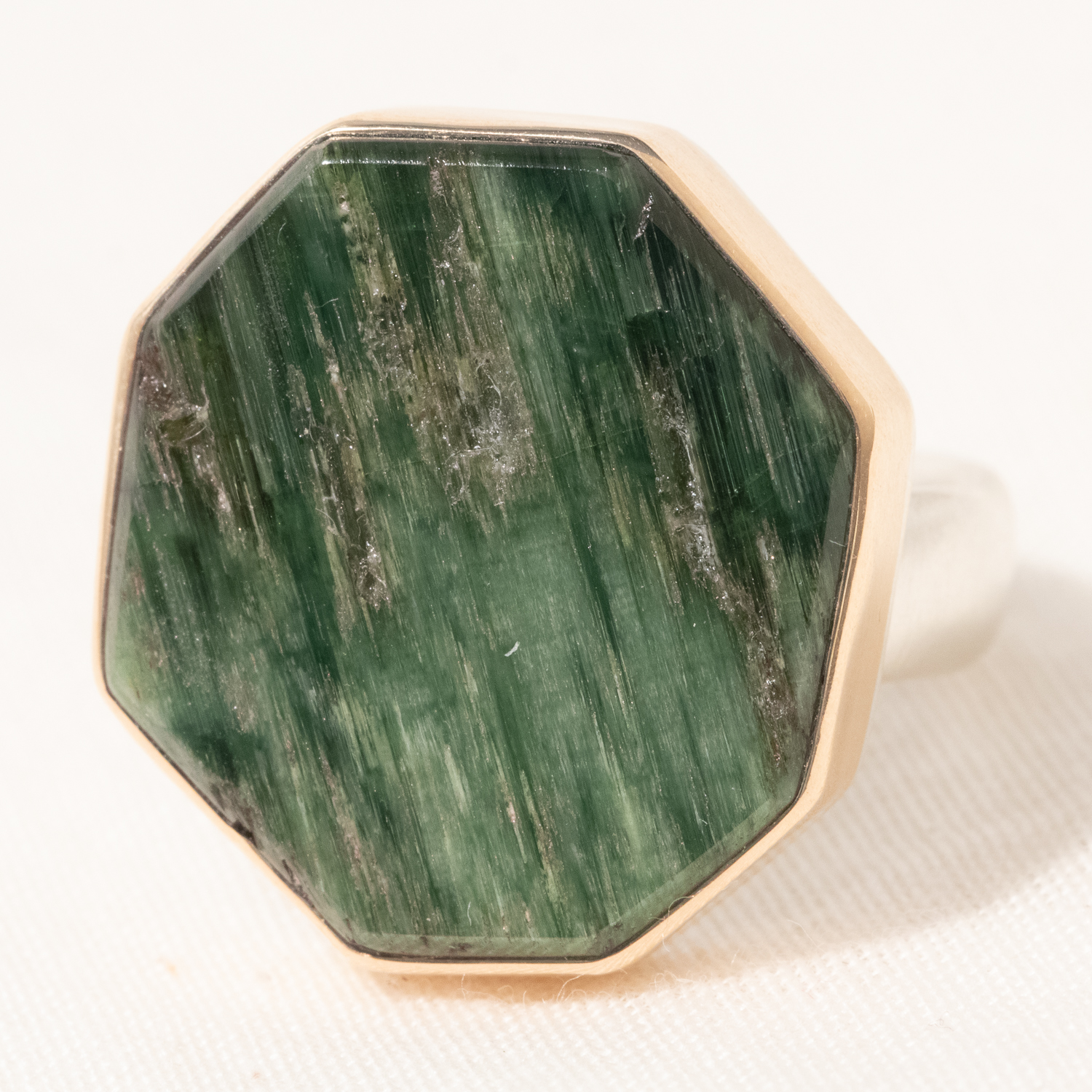 Jamie Joseph: Sterling & 14K Gold Ring w/ Vertical Asymmetrical CAT'S EYE GREEN TOURMALINE on Groovy Band