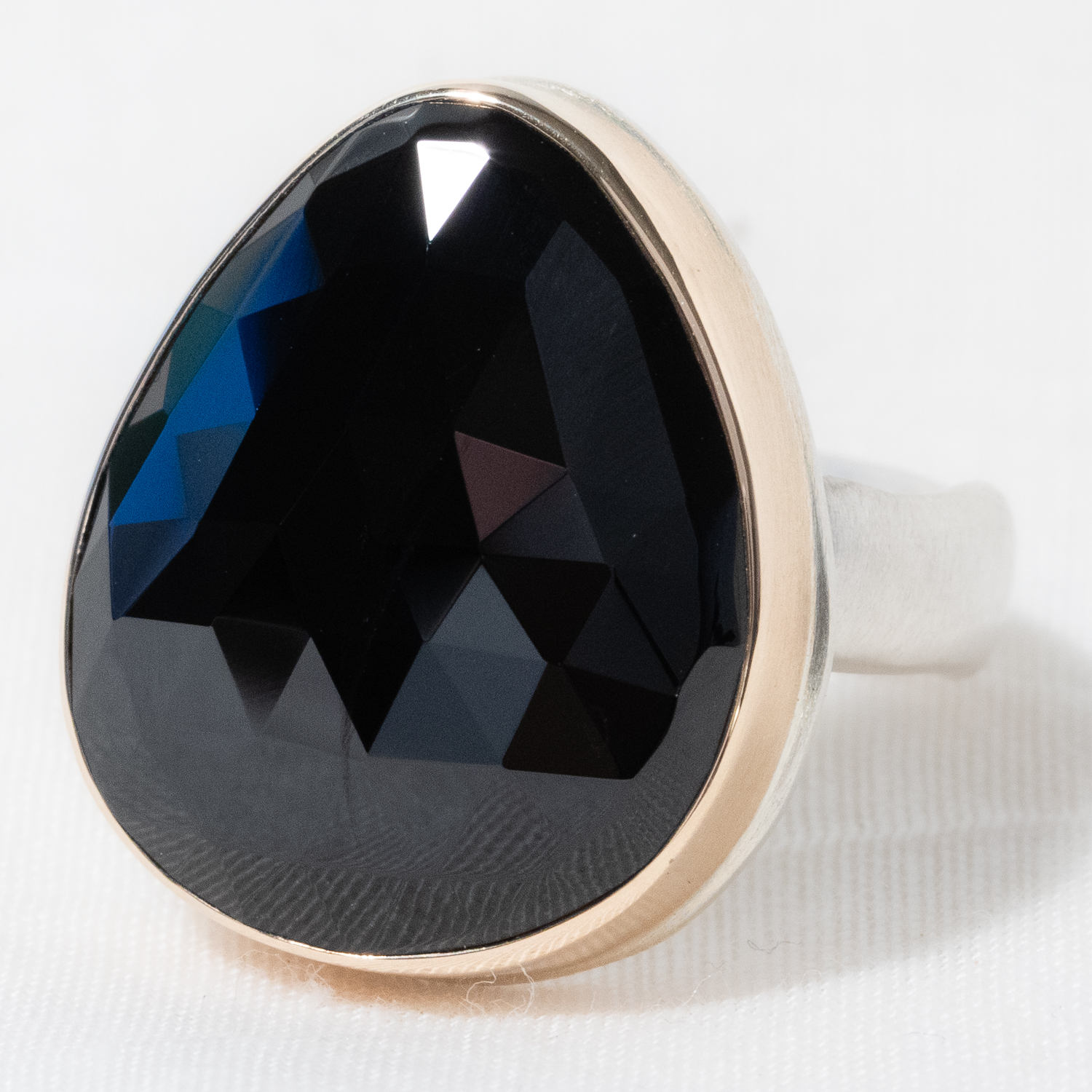 Jamie Joseph: Sterling & 14K Gold Ring w/ Vertical Asymmetrical Rose Cut BLACK SPINEL on Groovy Band