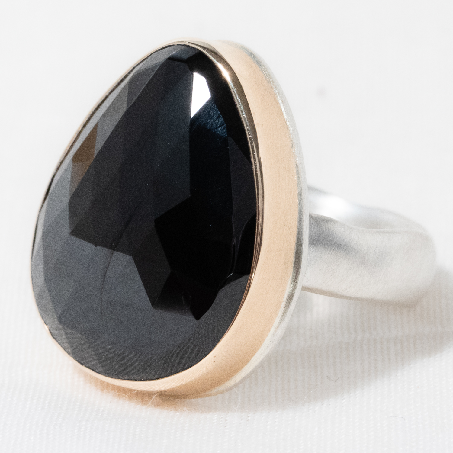 Jamie Joseph: Sterling & 14K Gold Ring w/ Vertical Asymmetrical Rose Cut BLACK SPINEL on Groovy Band