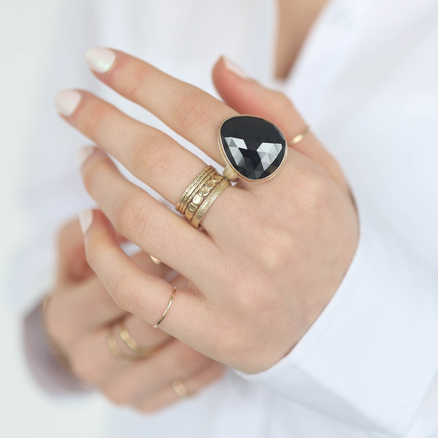 Jamie Joseph: Sterling & 14K Gold Ring w/ Vertical Asymmetrical Rose Cut BLACK SPINEL on Groovy Band