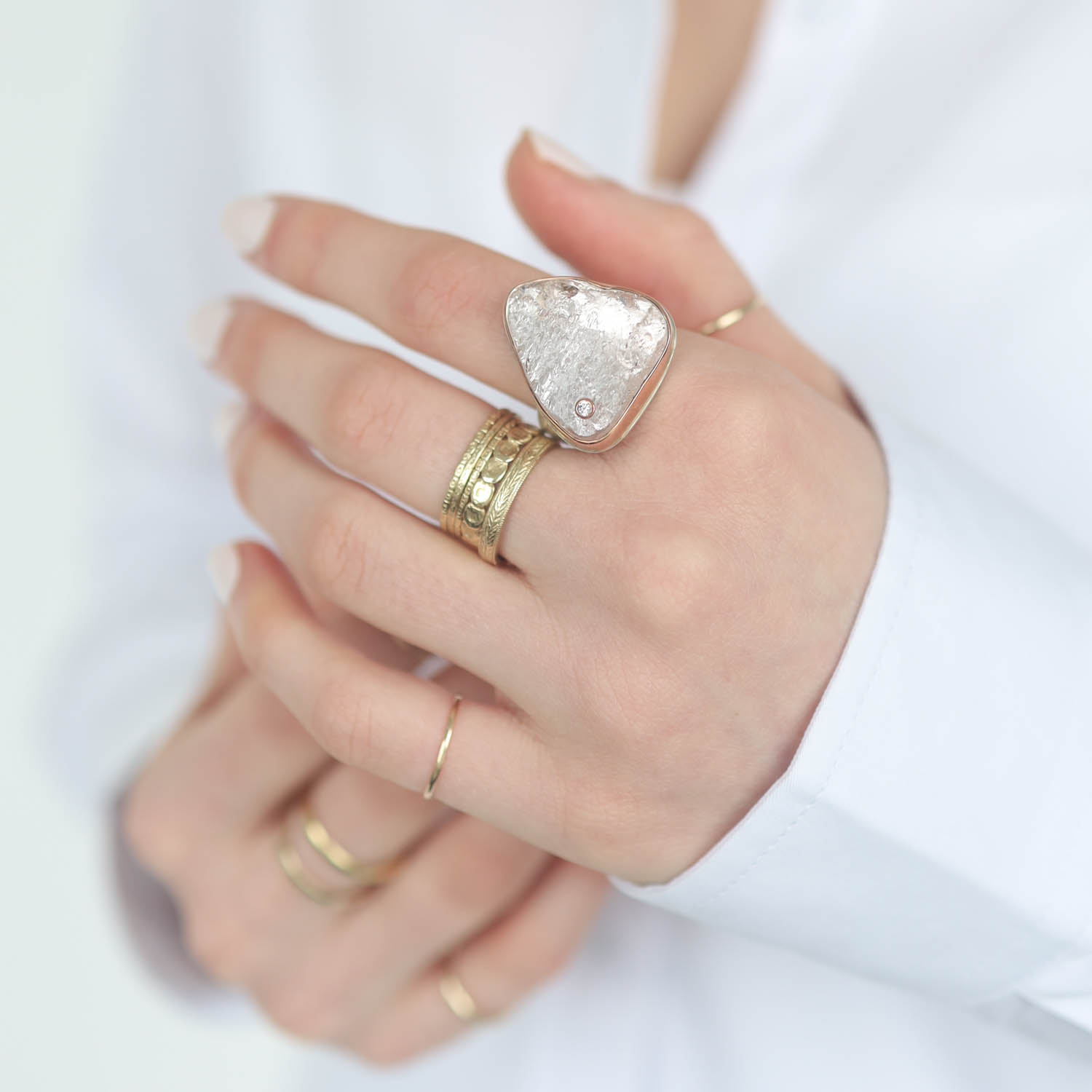 Jamie Joseph: Sterling & 14K Rose Gold Ring w/ Vertical Asymmetrical Surface Cut MORGANITE & .03 ct Diamond on Groovy Band