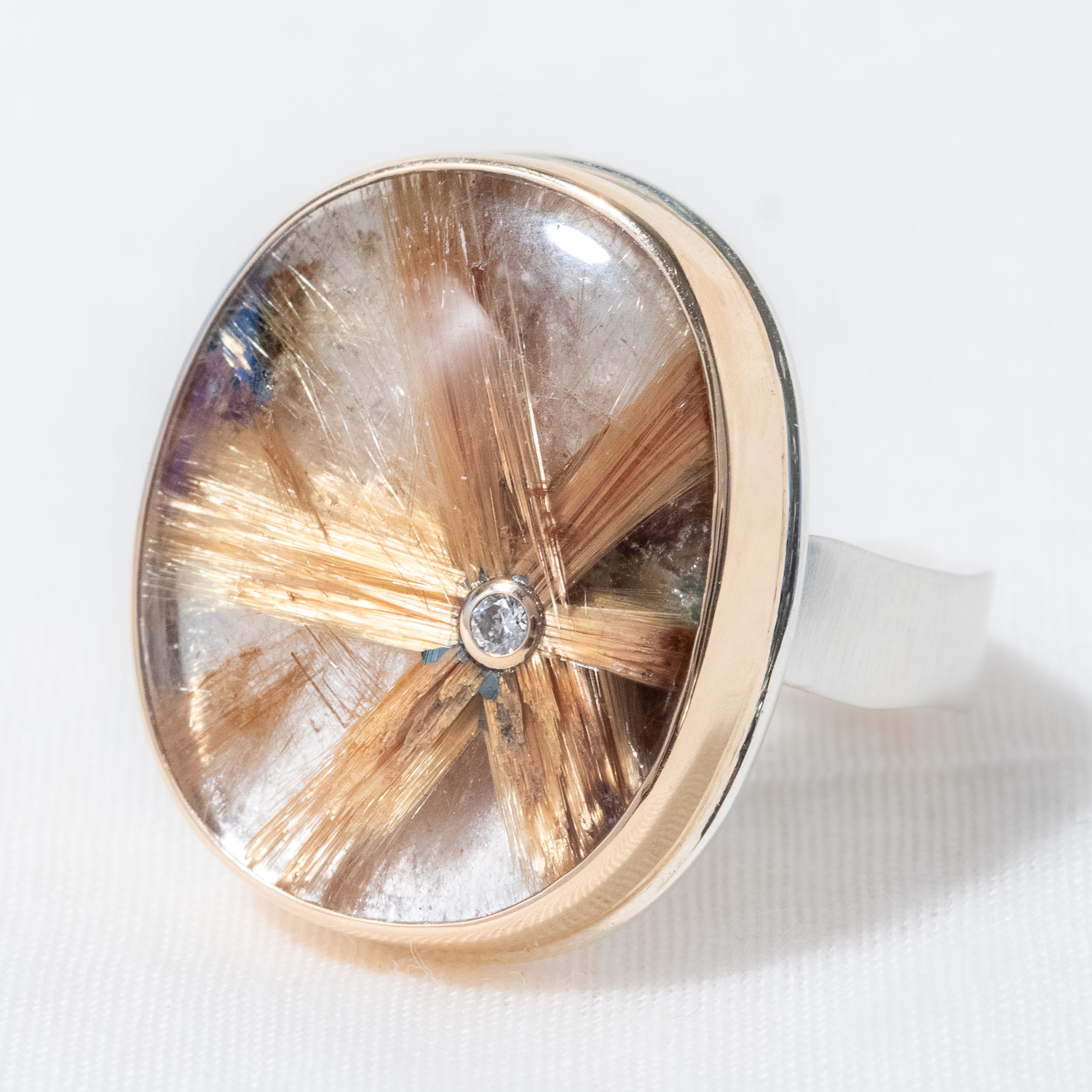 Jamie Joseph: Sterling & 14K Gold Ring w/ Vertical Oval STAR RUTILATED QUARTZ & .03 ct Diamond on Live Edge Band