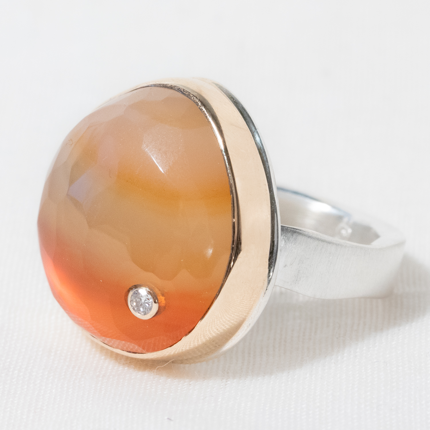Jamie Joseph: Sterling & 14K Gold Ring w/ Asymmetrical Hand Faceted CARNELIAN & .03ct Diamond on Live Edge Band