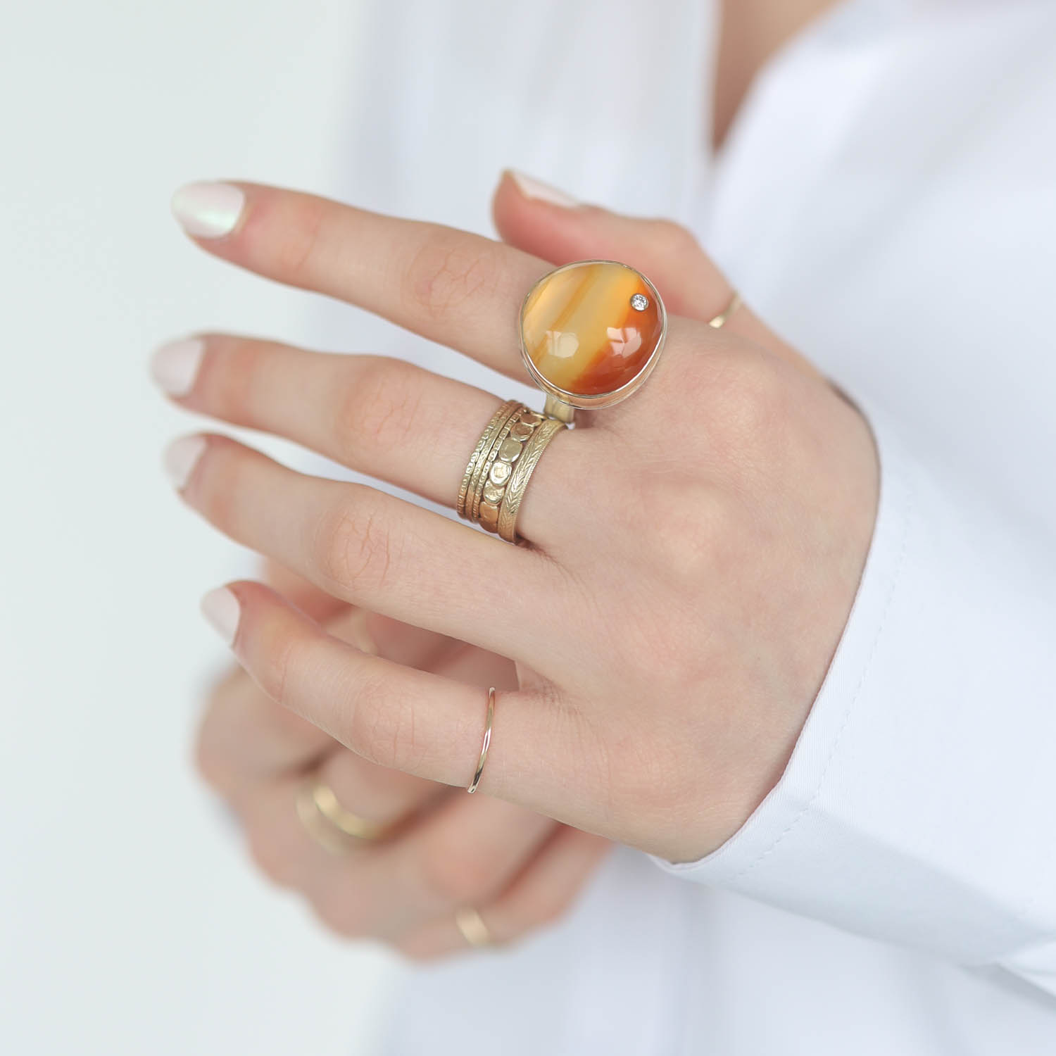 Jamie Joseph: Sterling & 14K Gold Ring w/ Asymmetrical Hand Faceted CARNELIAN & .03ct Diamond on Live Edge Band