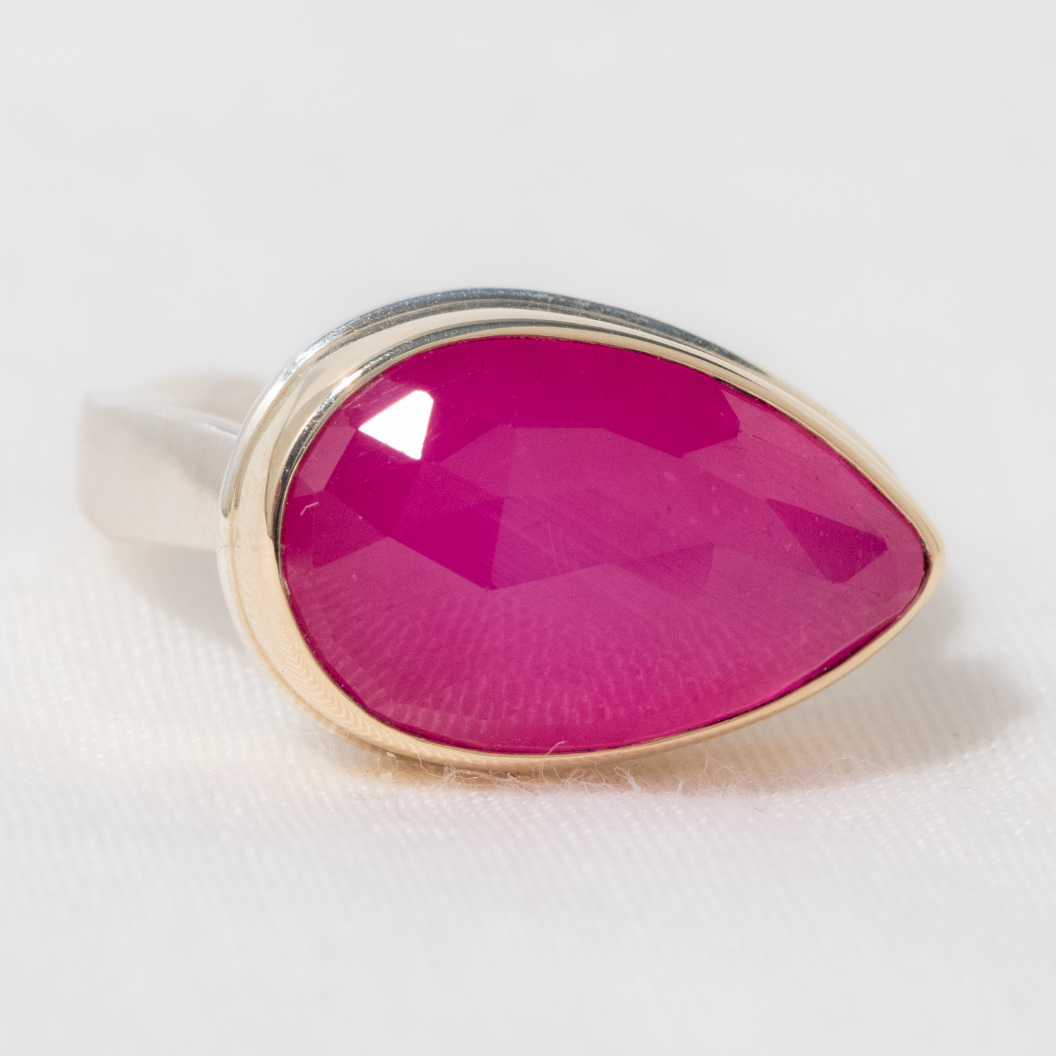 Jamie Joseph: Sterling & 14K Gold Ring w/ Teardrop Rose Cut AFRICAN RUBY on Soft Live Edge Band